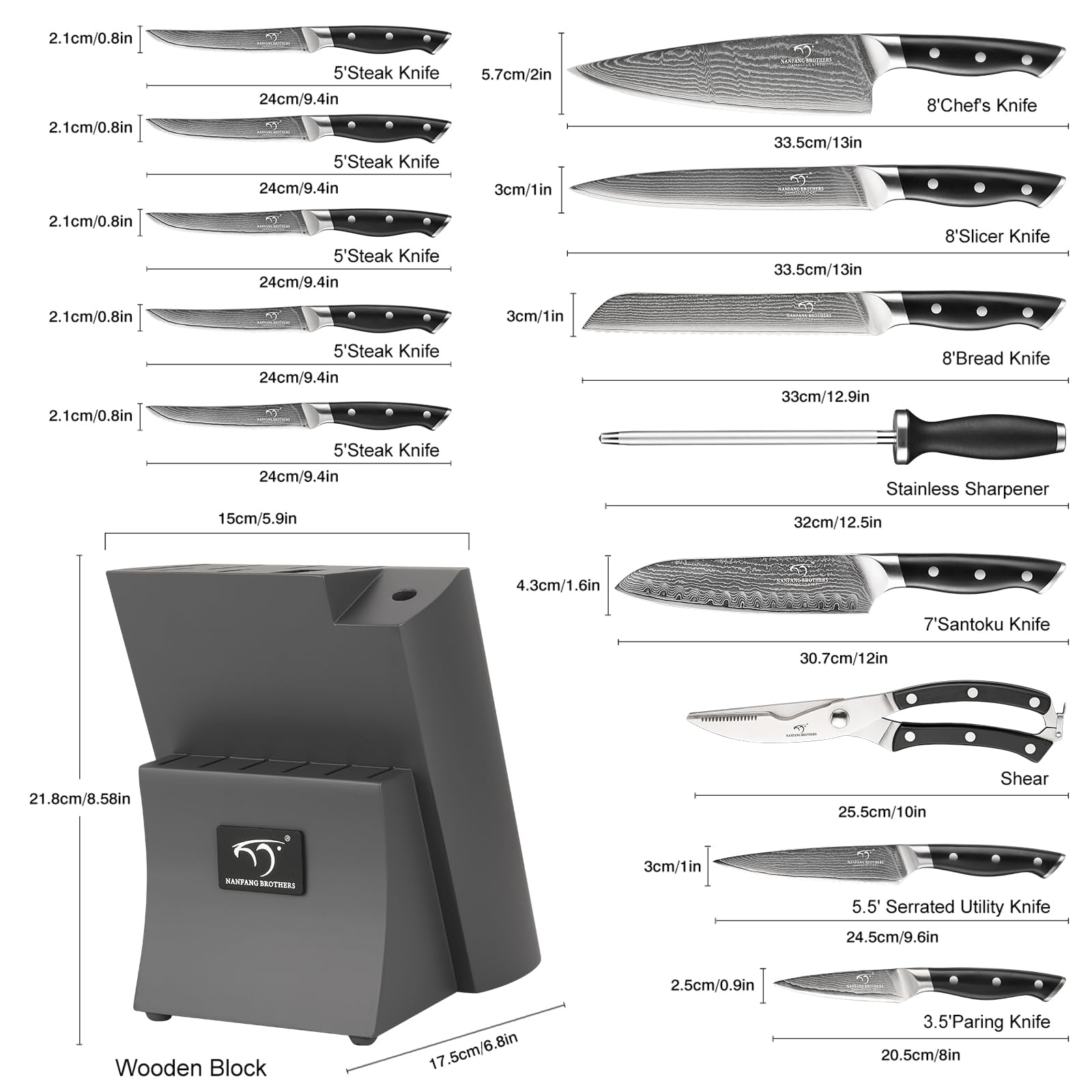 NANFANG BROTHERS 15er Damastmesser Set Damastmesser Set mit Buchenholzmesserblock, Messerblock mit Messer Scharfem Profi Kochmesser Küchenmesserset VG10, 67 Schichten Damaststahlklingen Grau