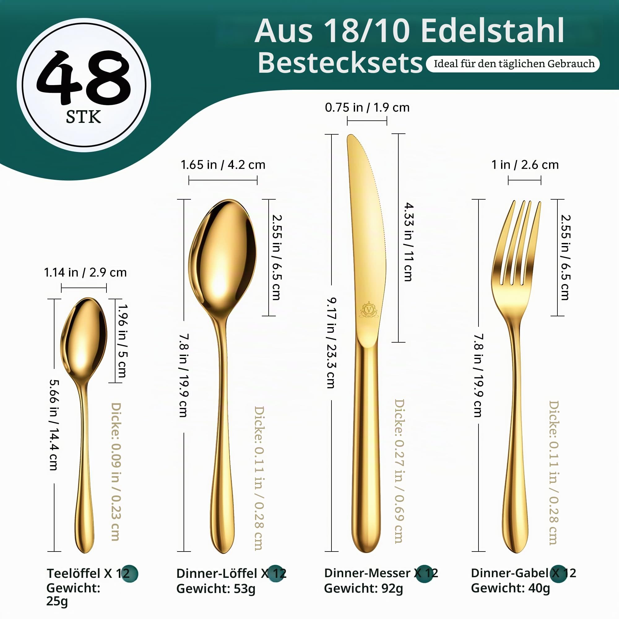 vancasso Besteck Gold Set 12 Personen, 48-Teilig Edelstahl Besteckset mit Messer/Gabel/Löffel/Dessertlöffel, 18/10 Edelstahl Besteckset Poliert mit Geschenkbox, Spülmaschinenfest