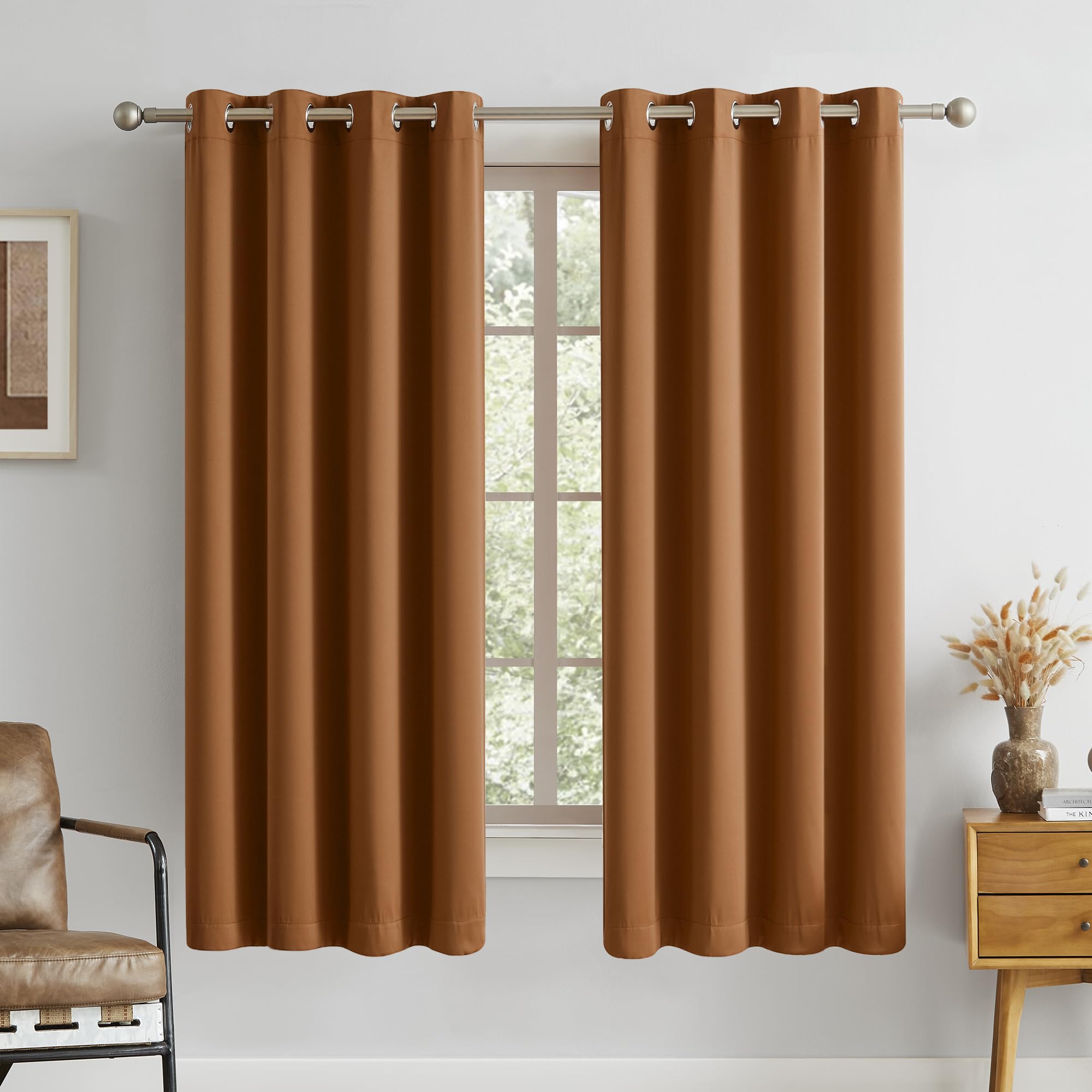 DUALIFE Blackout Eyelet Curtains 52" x 63" (132cm x 160cm) 2 Panels Dark Oak Brown
