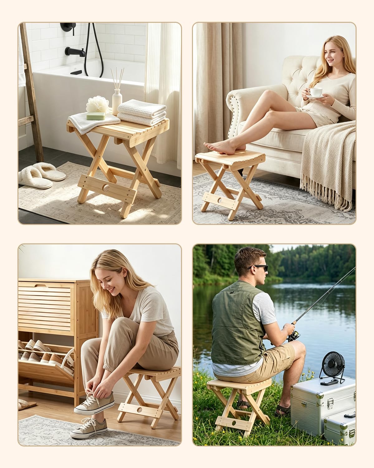 Tissting Taburete Plegable de Madera, Asiento de Ducha Portátil Plegable con Diseño Triangular Sólido, Reposapiés para Afeitado, Jardín, Baño, Balcón y SPA, Fácil de Almacenar