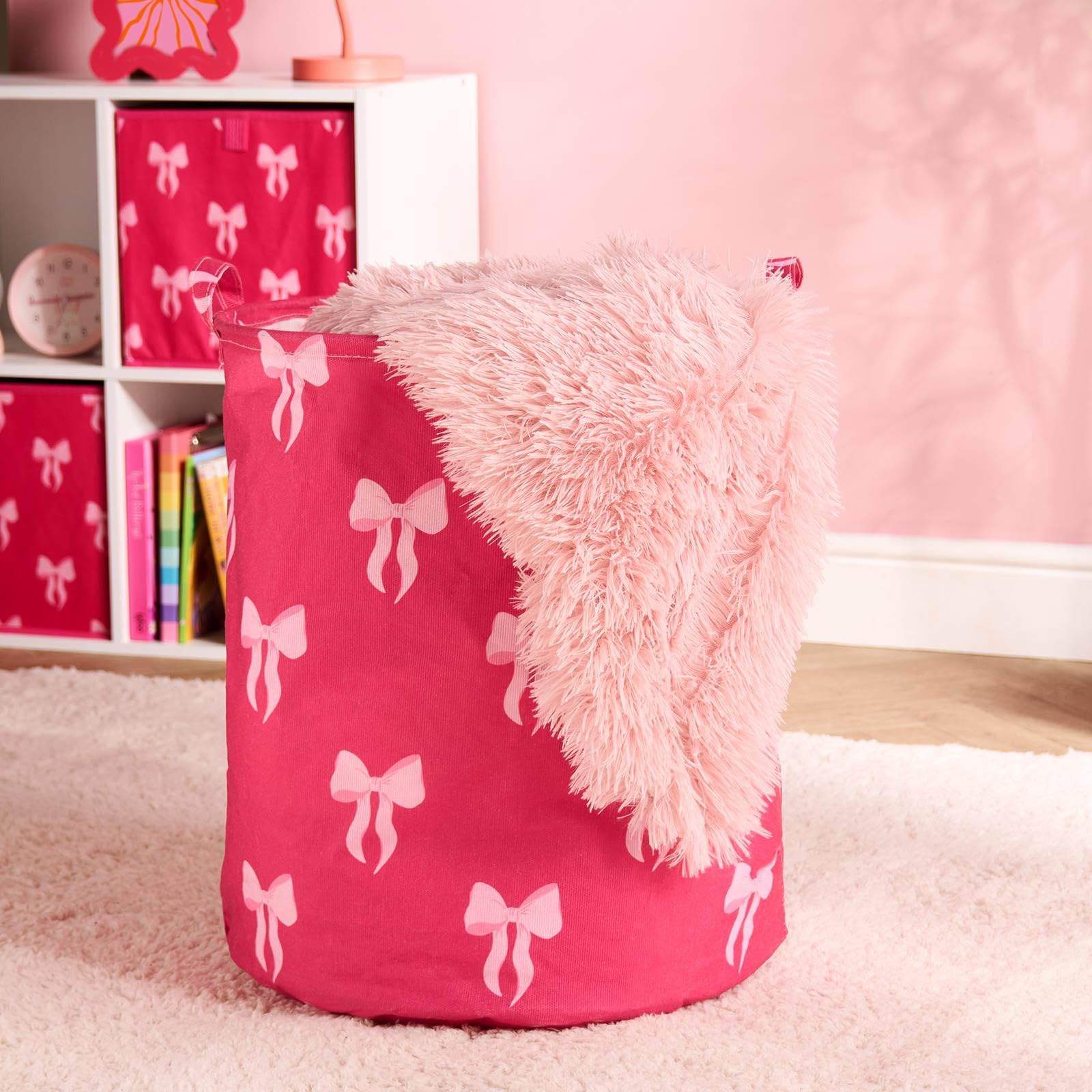 OHS Baby Laundry Basket Bow Print, Kids Laundry Basket Folding Storage Hamper Freestanding Lightweight Childrens Clothes Laundry Toy Baskets for Kids with Handles, Hot Pink โ image 1