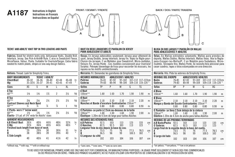 Simplicity 1187: "It's So Easy, Cartamodello per Pigiama Donna, Unisex, Colore: Multicolore