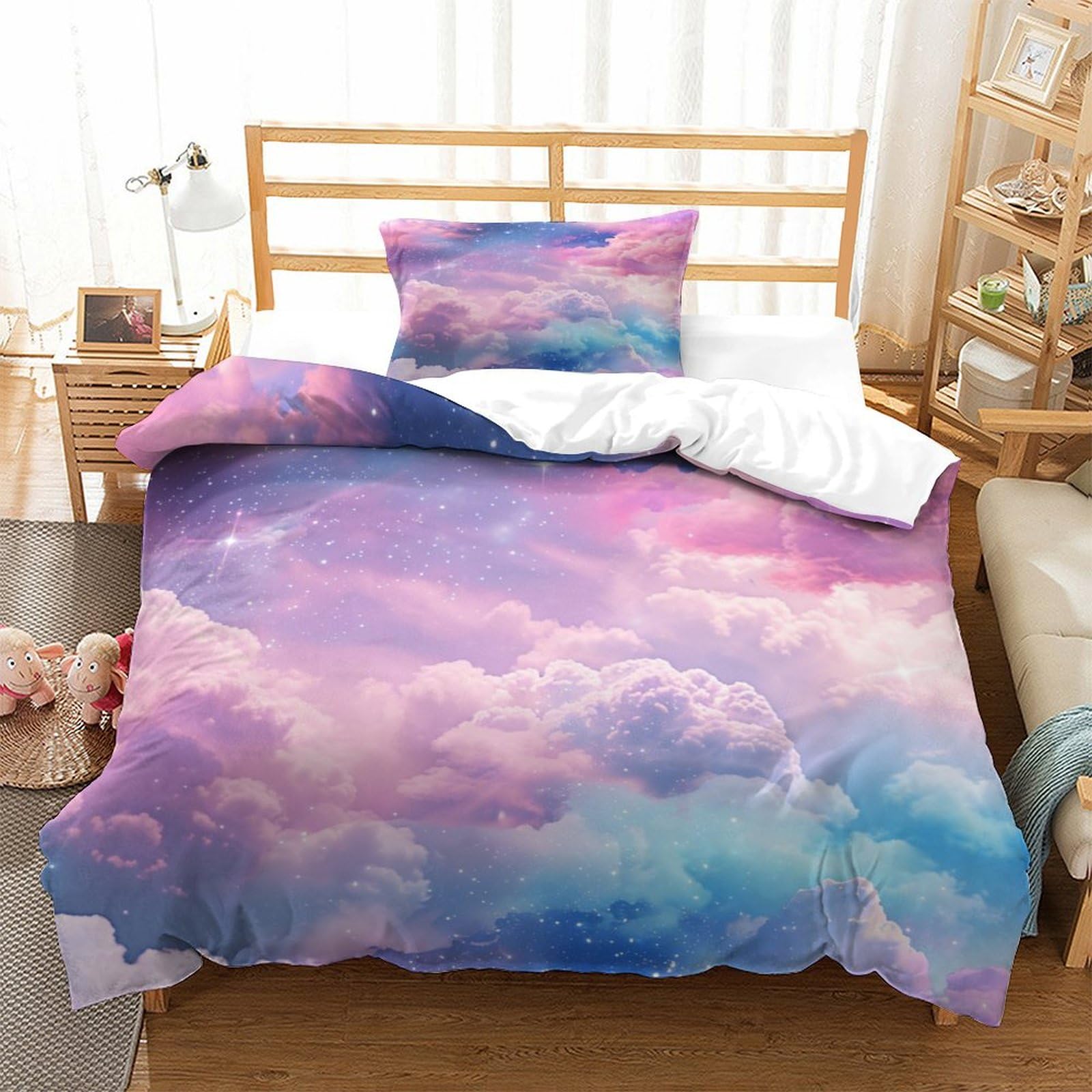 P1S9U7W5Y Dreamy Clouds 3D Printed Duvet Cover Set 3pcs Microfiber Pastel Clouds Bedding Set Single（135x200cm）