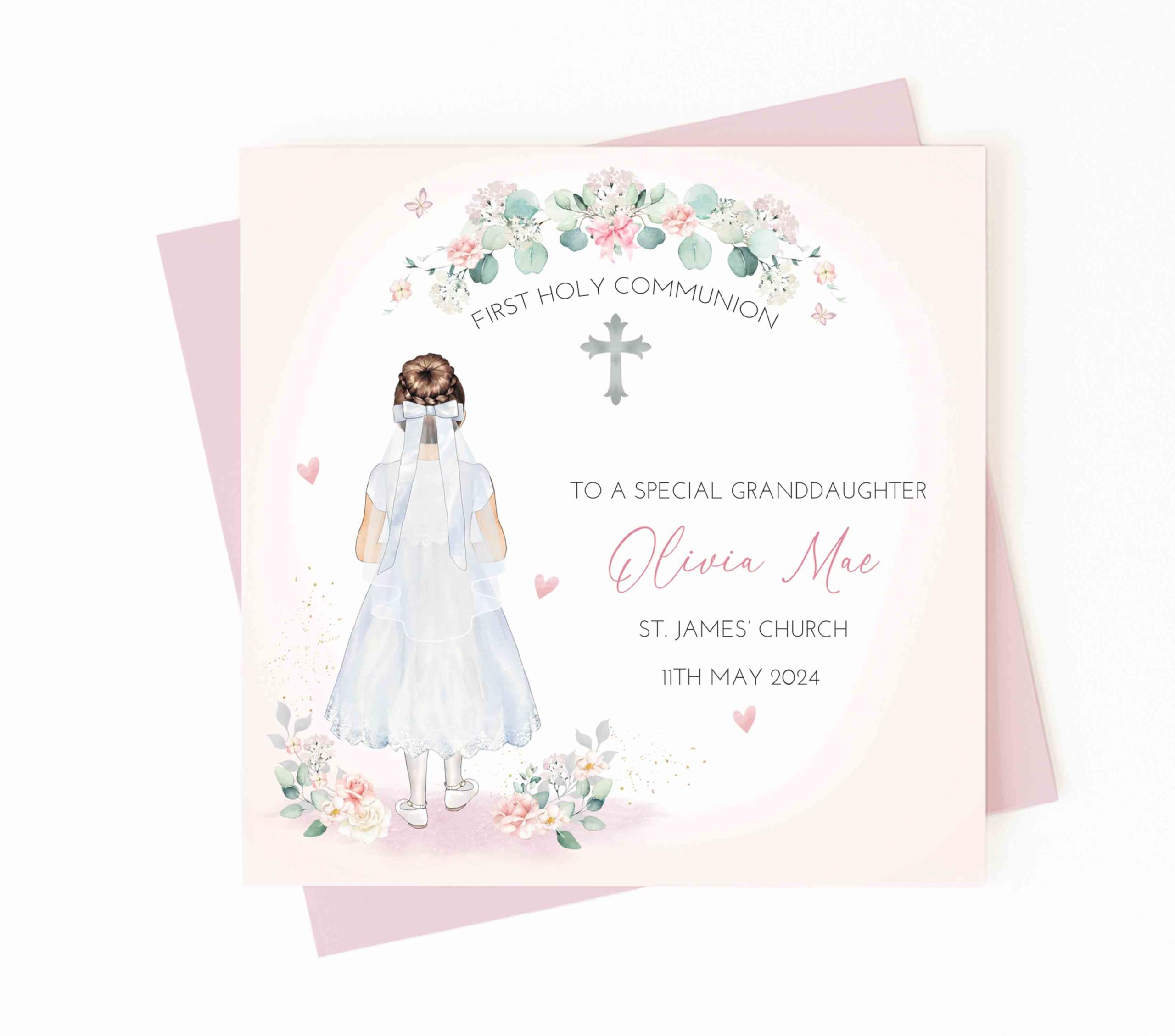 Girls First Holy Communion Card, 1st Communion Card, Granddaughter, Daughter, Niece, Floral Design, Personalised Communion gift.