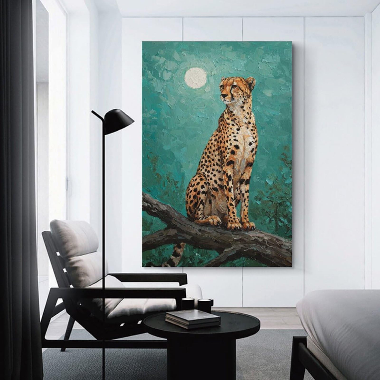 Junmoney Unframe-Style-15 Canvas Wall Art Cheetah On Branch Under Moonlight Painting, 08X12inch(20X30cm), For Lounge Decor, Bedroom Walls Or Flats, Eye Catching Artwork For Blank Walls