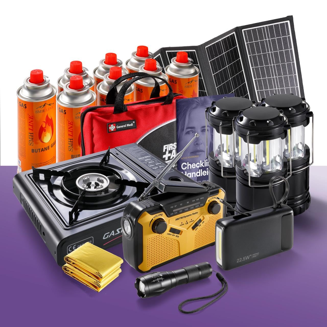 Kit de Emergencia Plus para apagones con Panel Solar 30W, Power Bank 20000mAh, Cocina de Gas con 4 Cartuchos, Radio de Emergencia, 3 Linternas LED, Botiquín y Mantas