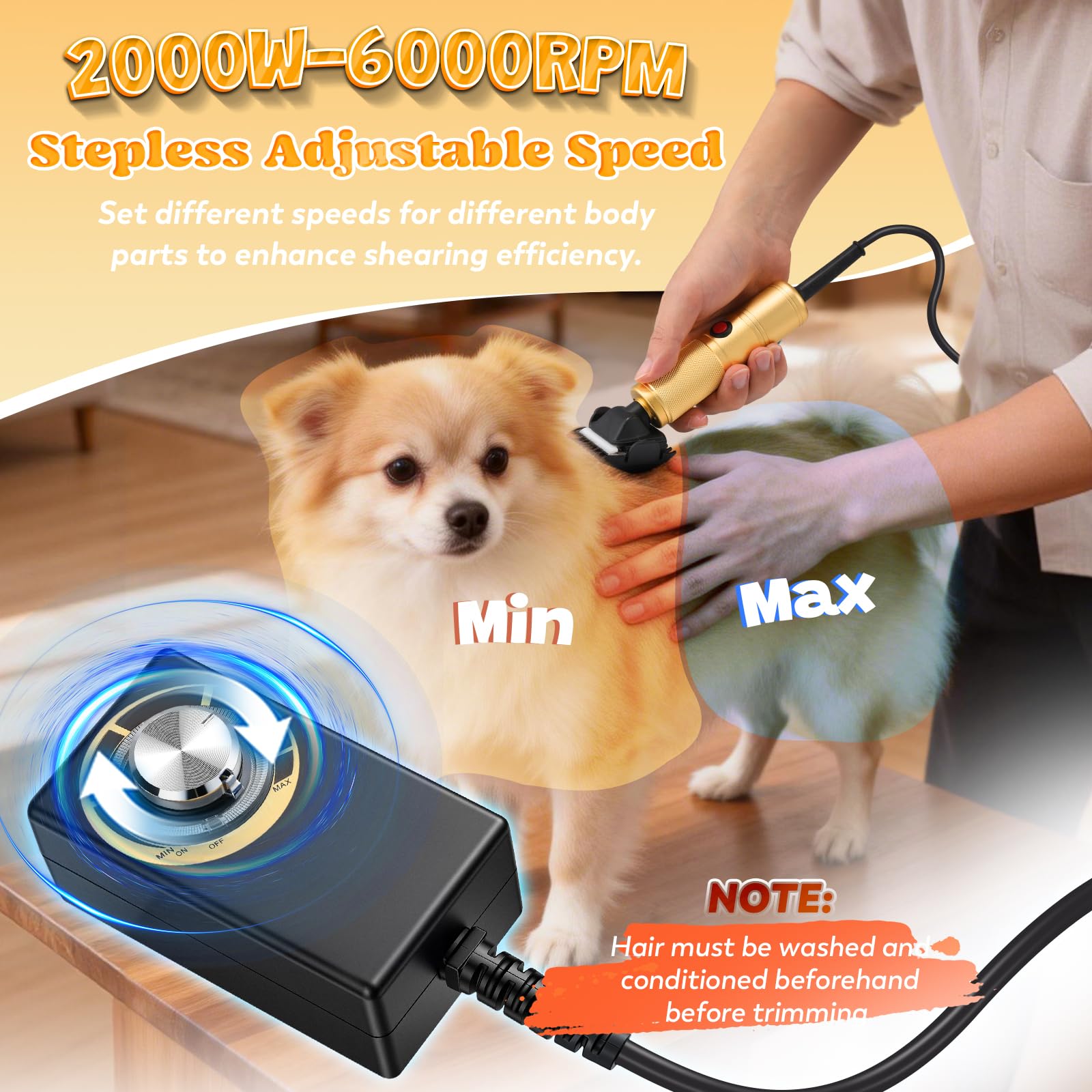 Moongiantgo Tondeuse pour Chien Professionnelle 300W, Vitesse Réglable 2000-6000RPM, Lames Céramique Amovibles, Tondeuse Animaux avec 1 Lame Supplémentaire & 2 Peignes (Doré)