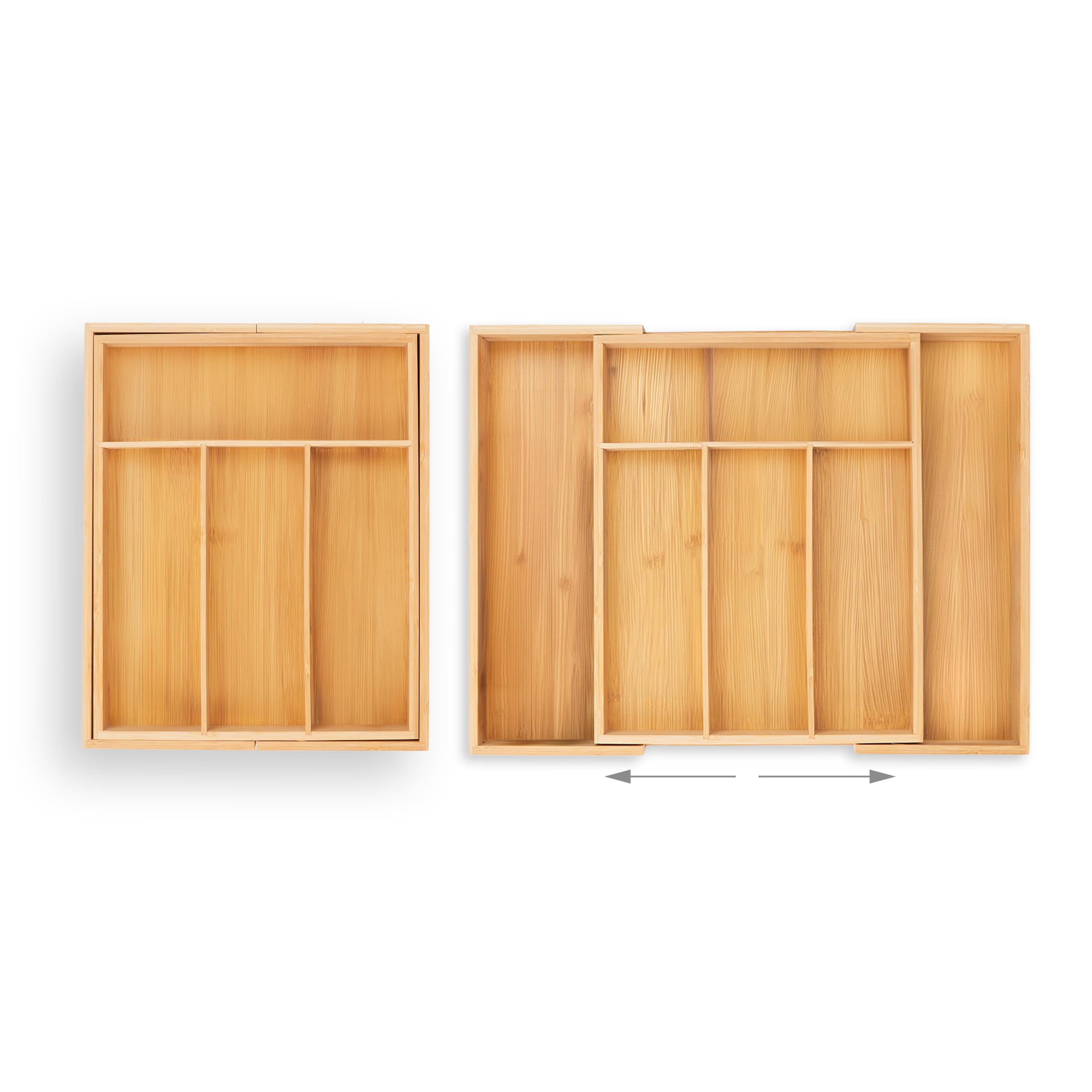Relaxdays Pojemnik na sztućce wysuwany, bambus, wys. x gł.: 5 x 29-47,5 x 35,5 cm, 4-6 przegródek, wkład na sztućce do szuflad, naturalny