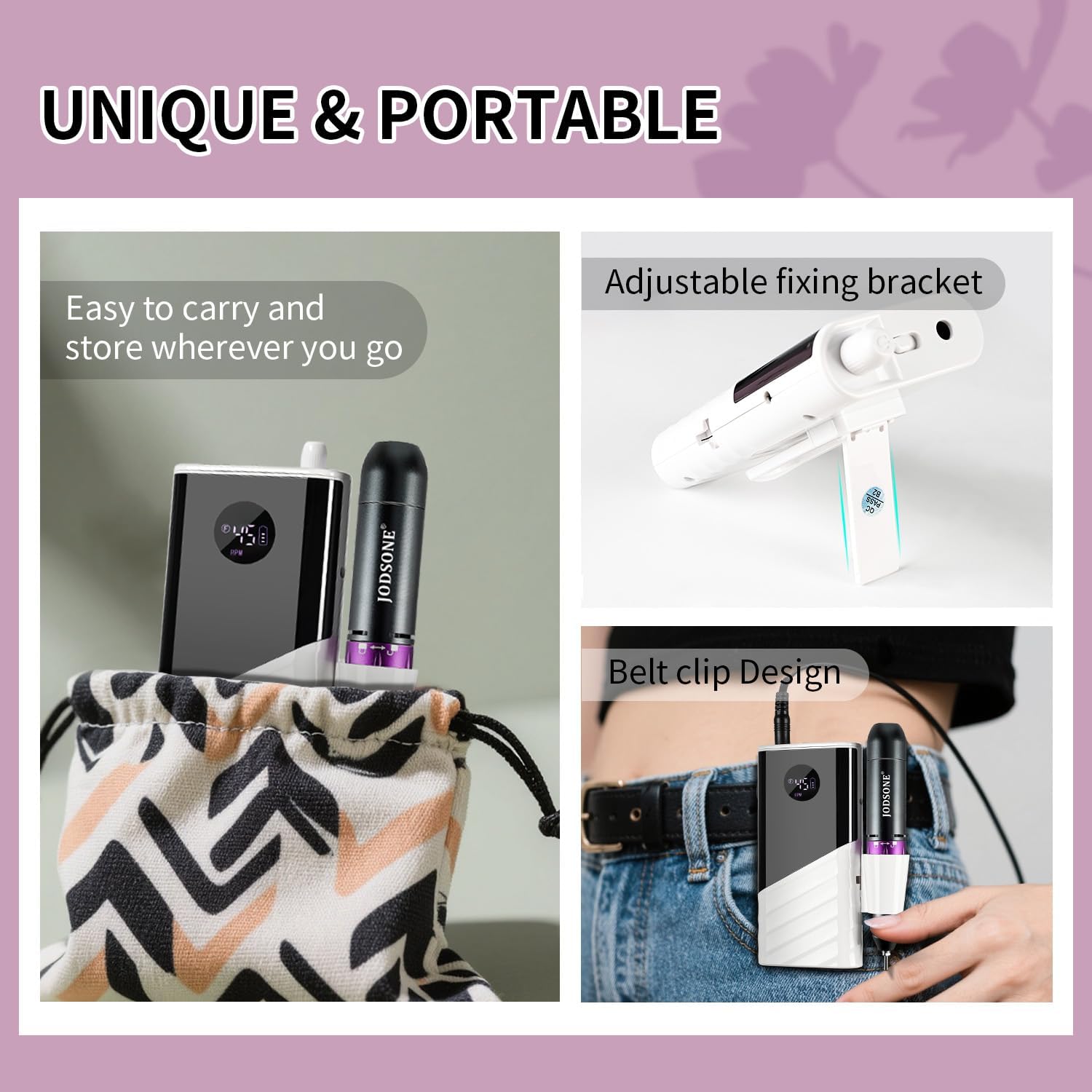 JODSONE Taladro de uñas profesional, 45000 rpm, lima de uñas recargable para la eliminación de gel de uñas, silencioso, portátil para uso en casa y salón