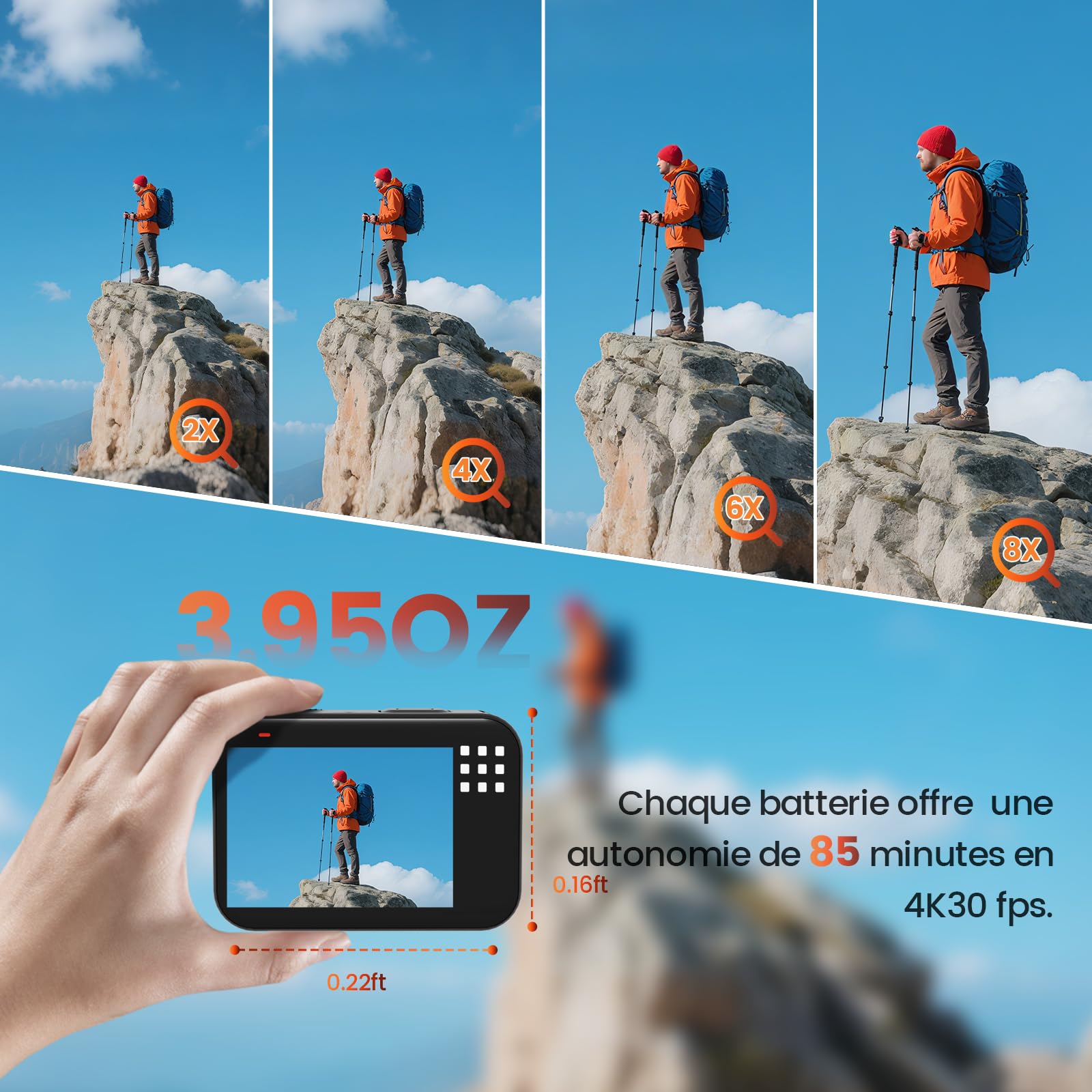 4K 60FPS 48MP Camera Sport, 50FT caméra étanche Waterproof, 8X Zoom, Grand Angle de 170° EIS stabilisation Casque avec Carte 64GB, WiFi Batterie de la caméra d'action (64GB)