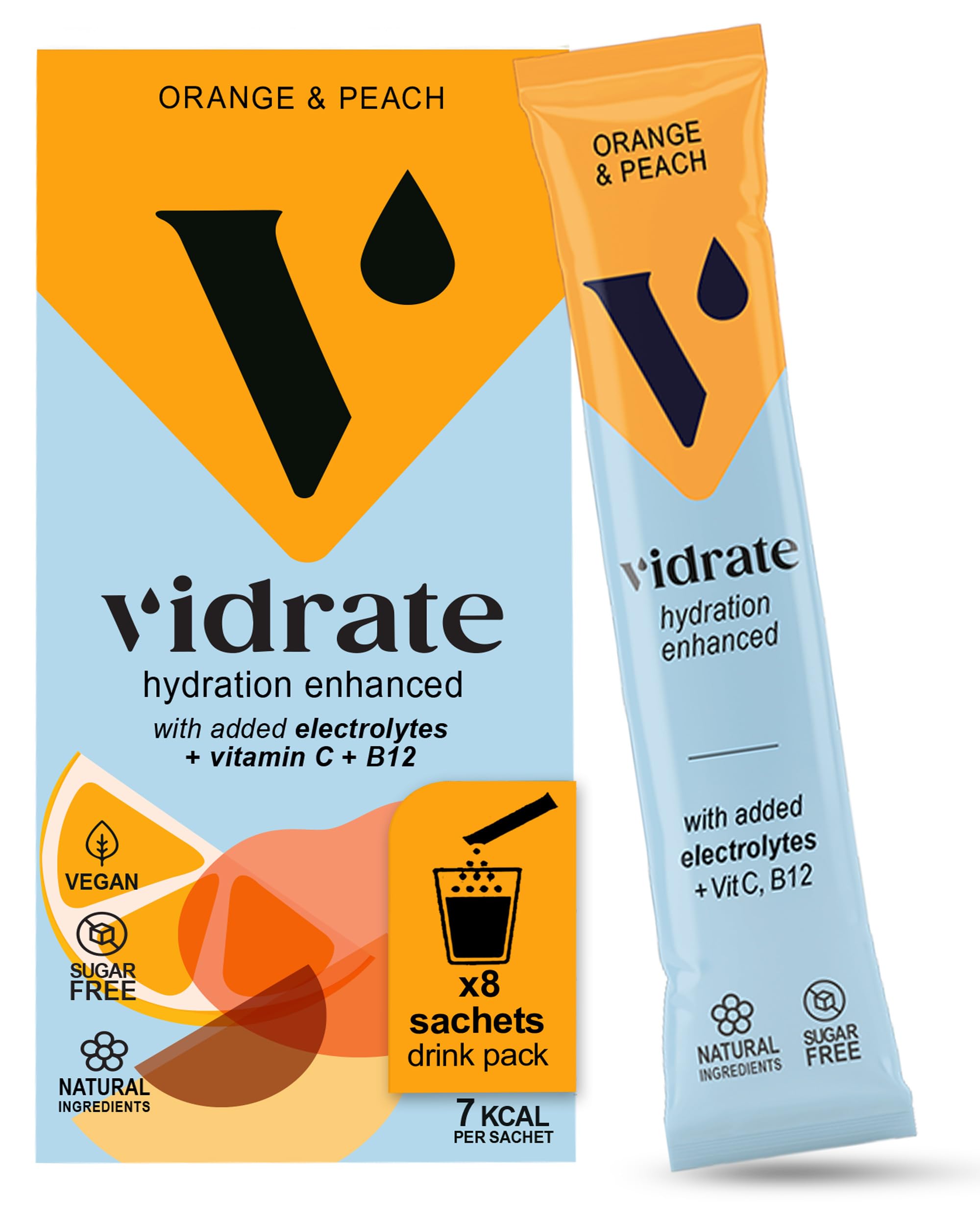 Electrolytes Powder - Hydration Sachets Packed with Vitamins - Zero Sugar Rehydration Sachet, No Artificial Sweeteners & Preservatives by ViDrate - Orange & Peach Small Pack, 8 Electrolytes Sachets