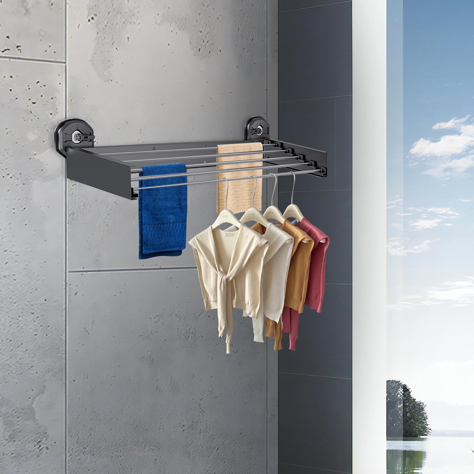 YCBTREE Séchoir à linge mural extensible avec ventouse, 50 x 25 cm, compact, peu encombrant et pliable, pour salle de bain, balcon, intérieur et extérieur, facile à monter, noir