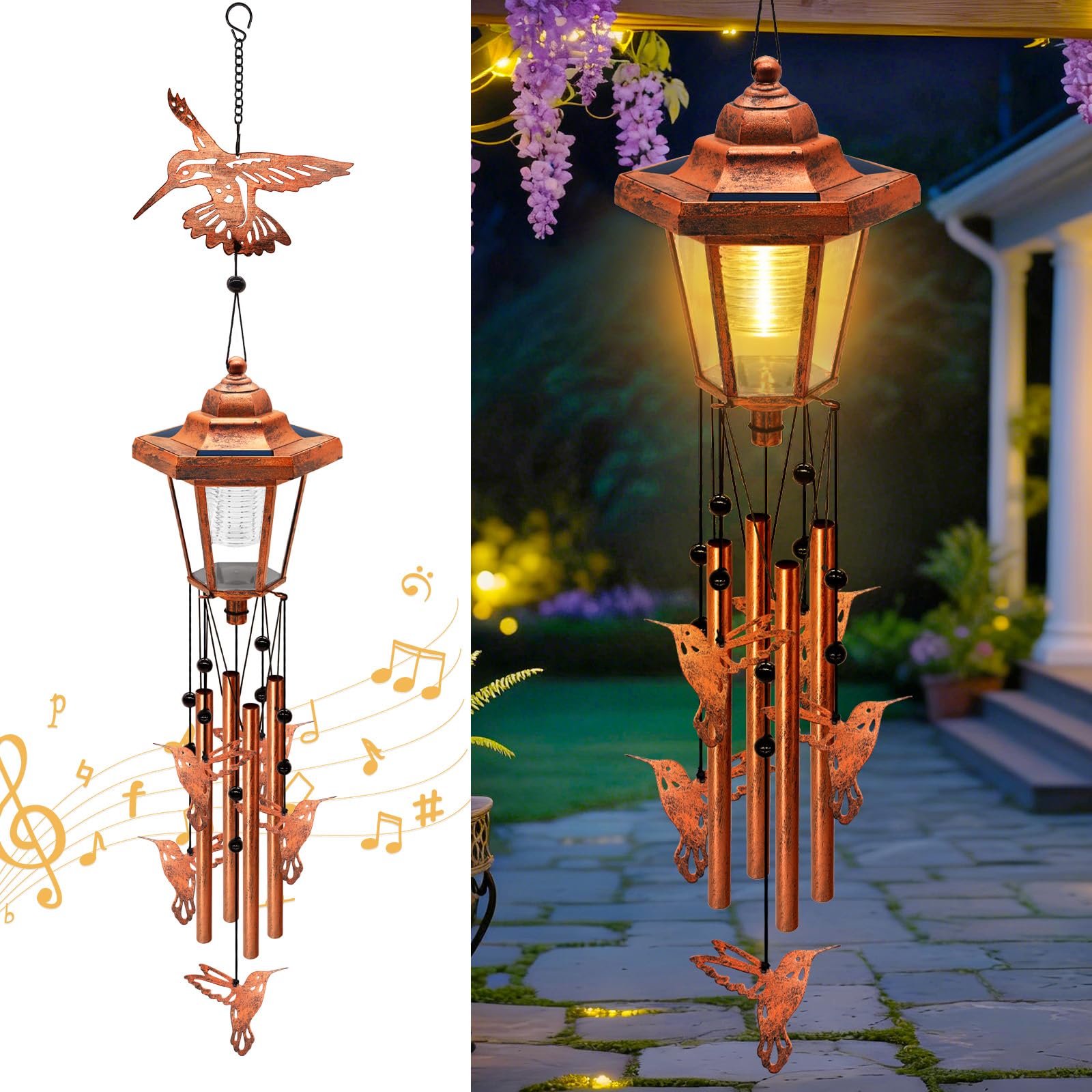 Campanas de viento solares grandes de colibrí de bronce con luces led para jardín