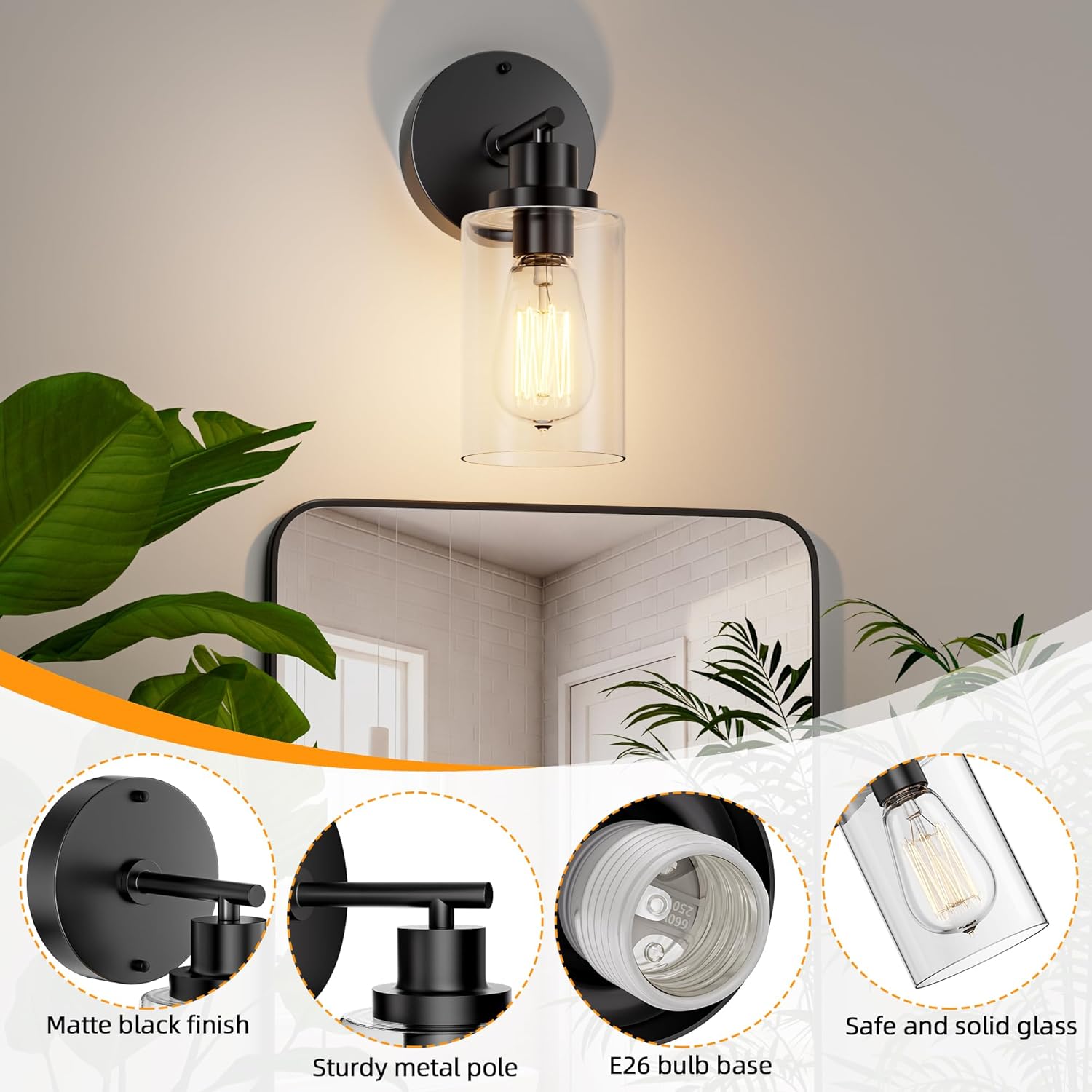 GORDNWE Set of 2 Bathroom Wall Sconce, Matte Black Vanity Light, Modern Wall Light Fixture with Clear Glass Shade and E26 Bulb Base, Wall Lamp Wall Mount Light Fixtures for Mirror, Bedroom