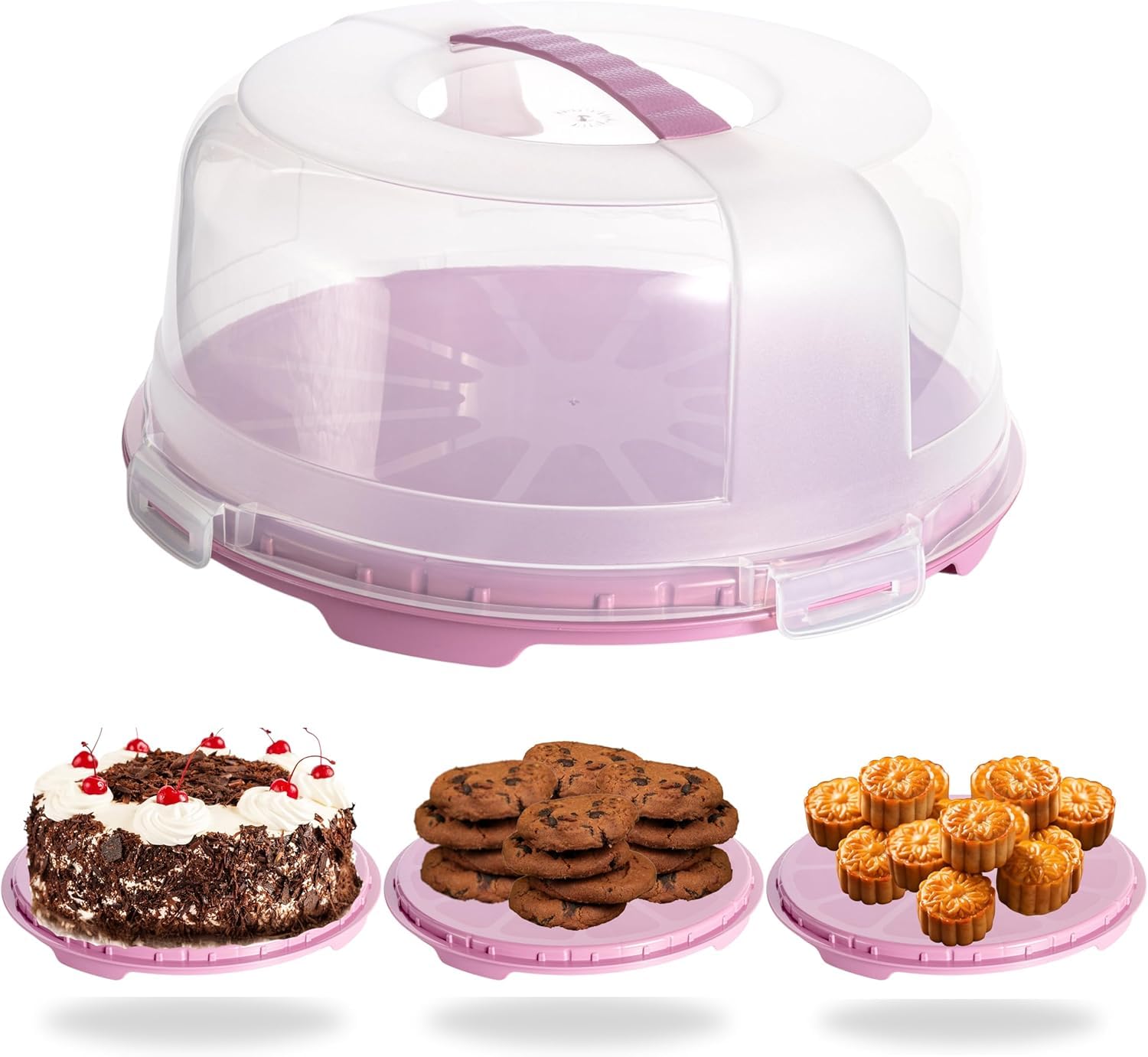 Buzztrove - Large Size | Cake Carrier with Handle | 30cm Tall Cake Storage Container with Airtight lid | Cake Storage Box with 4X Locking Lid for Cakes, Cupcakes, Pies & Pastries. (Pink)