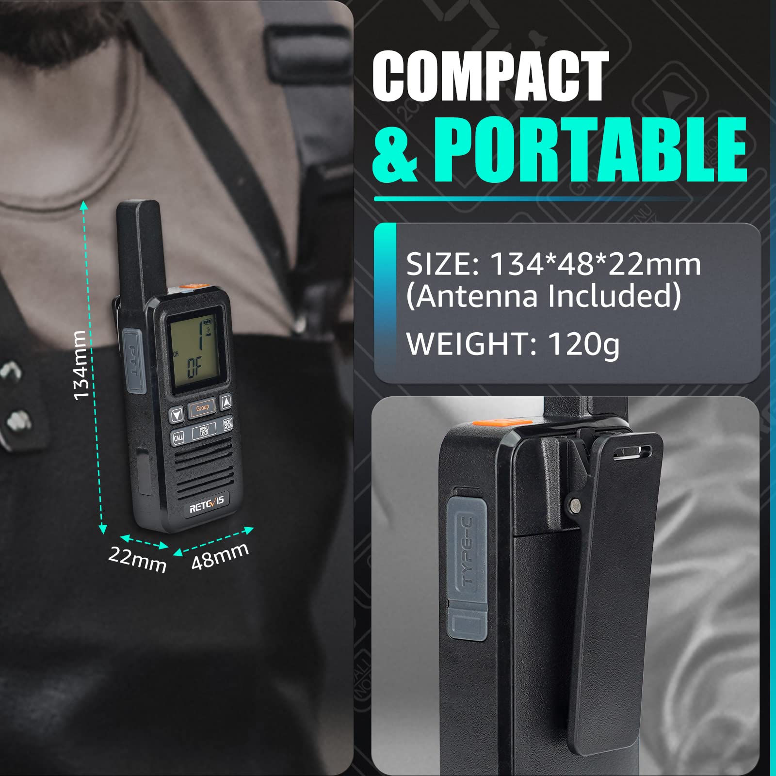 Retevis RB667 Walkie Talkie con Auriculares, Recargable Walkie Talkie Professional 1600mAh, PMR446 Llamada de Grupo, VOX, Squelch, Radiocomunicación para Camareros, Restaurante (4 Pcs, Negro)