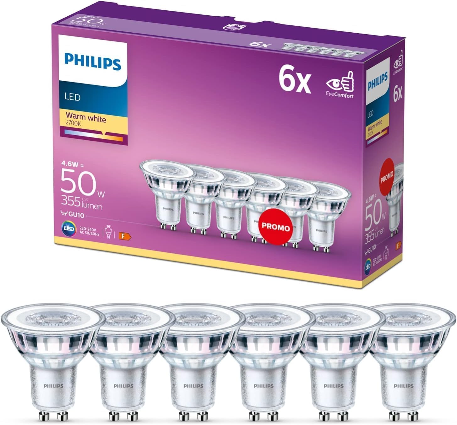 Philips - Bombilla LED cristal 50W, GU10, luz blanca cálida, transparente, no regulable, pack 6 [Clase de eficiencia energética F]