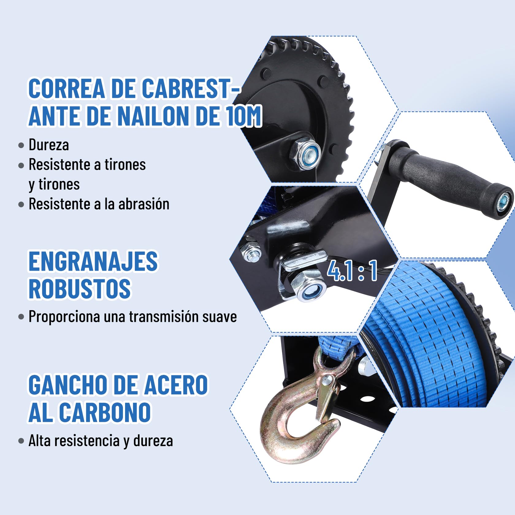 Pindex Cabrestante para barco con correa de 10 m, 800 kg, con antirretroceso | Con gancho de carga, palanca de bloqueo, tornillo, tuerca y arandela, para taller, garaje, remolque, dinghi, madera