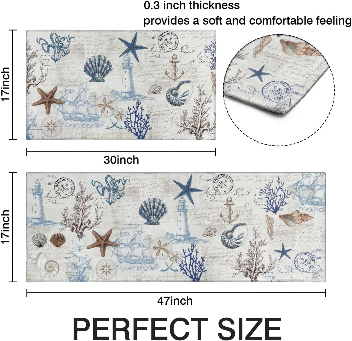 Nautical Kitchen Rug Set of 2,Ocean Themed Kitchen Decor Vintage Beach Kitchen Mat Non-Slip Washable, Farmhouse Kitchen Decor Anti Fatigue Floor Mat for Kitchen Laundry Room,17x30+17x47 Inch