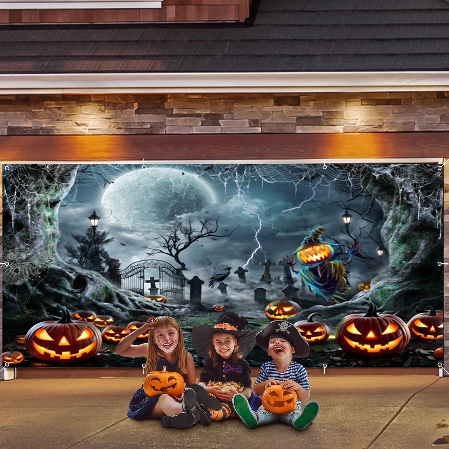 Halloween Garage Door Cover 7x16ft Scary Cemetery Graveyard Halloween Backdrop Garage Door Decorations Banner Horror Night Pumpkin Lantern Background Spooky Backdrops for Party