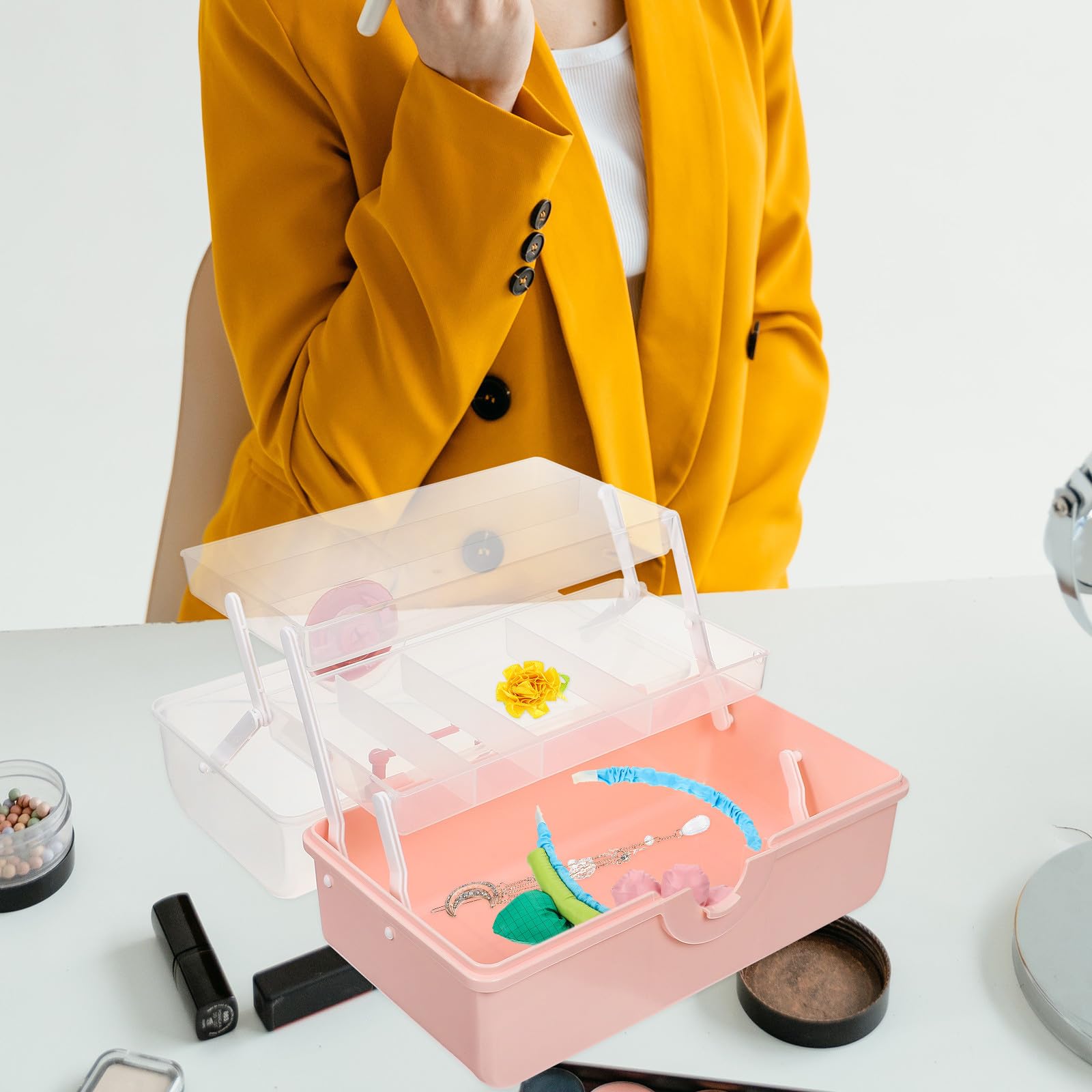 FOMIYES Mehrlagige Aufbewahrungsbox für Haaraccessoires Mädchen Schmuckkästchen aus Kunststoff Mehrschichtig Rosa Aufbewahrung für Haarspangen und Haargummis Am Schreibtisch