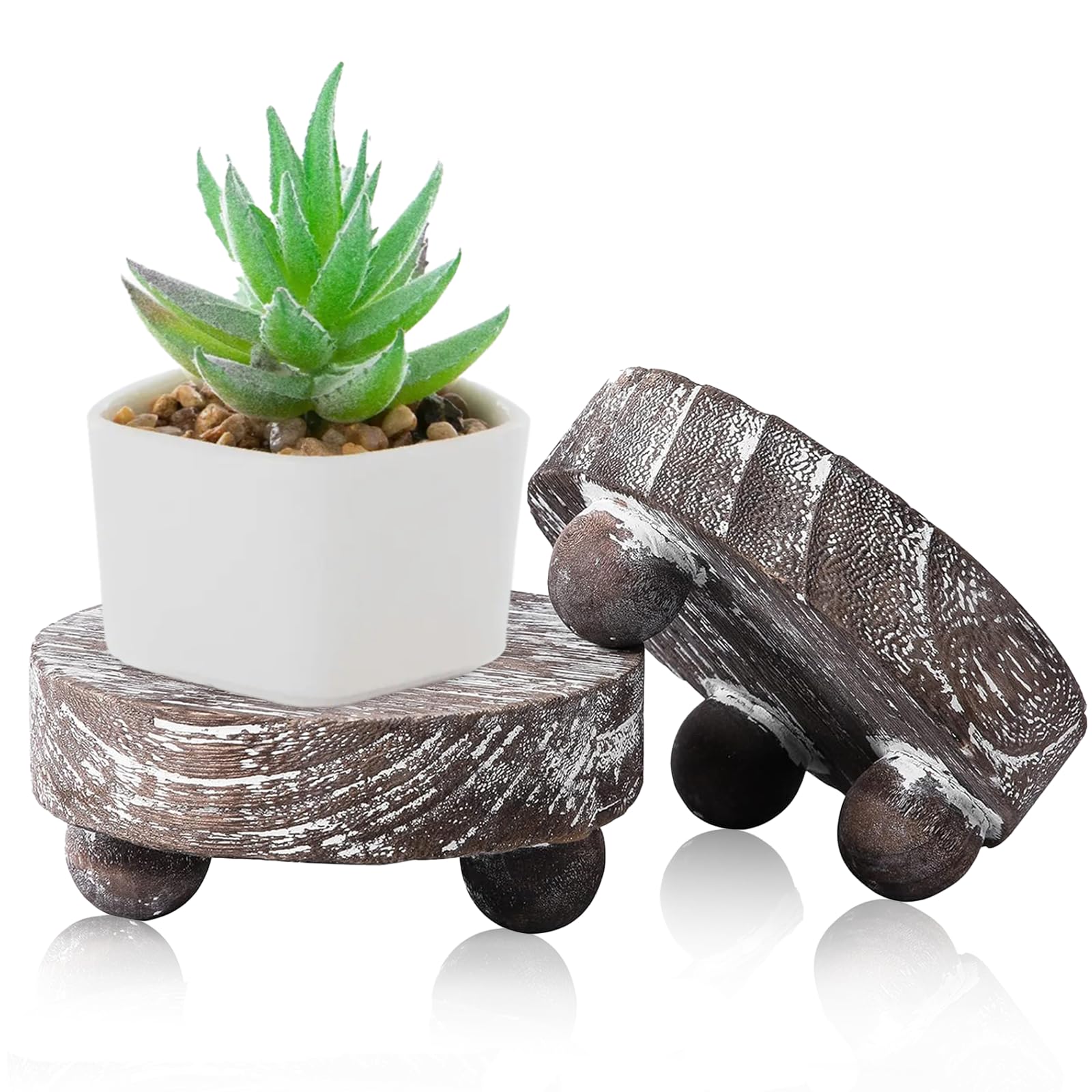 Mini Wood Riser for Tiered Tray Decor, 2-Pack Small Wooden Risers for Display, 4-Inch Round Pedestal Stand, Distressed Farmhouse Risers for Home Decor - Brown