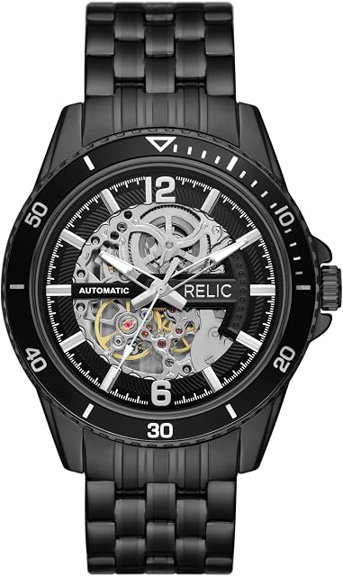 Relic by Fossil Men's Brenton Black Alloy Metal and Brown Leather Band Automatic Watch (Model: ZR12663)