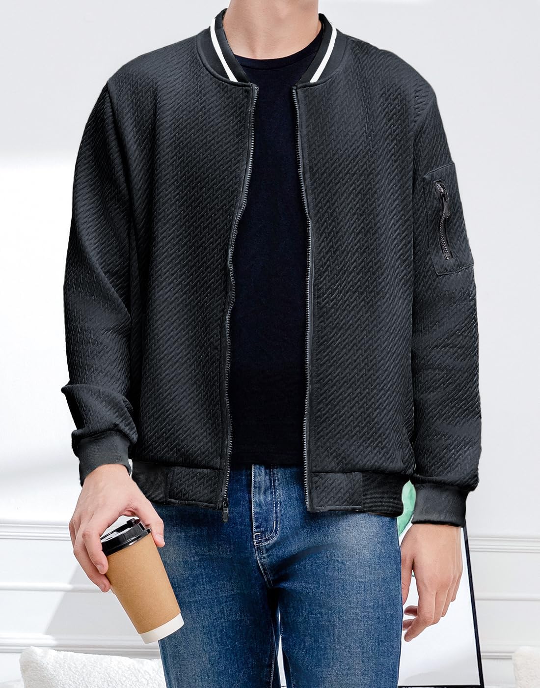 Mens Casual Jacket Loose Fit Lightweight Jacket Varsity Bomber Jacket with Zipper - Image 2