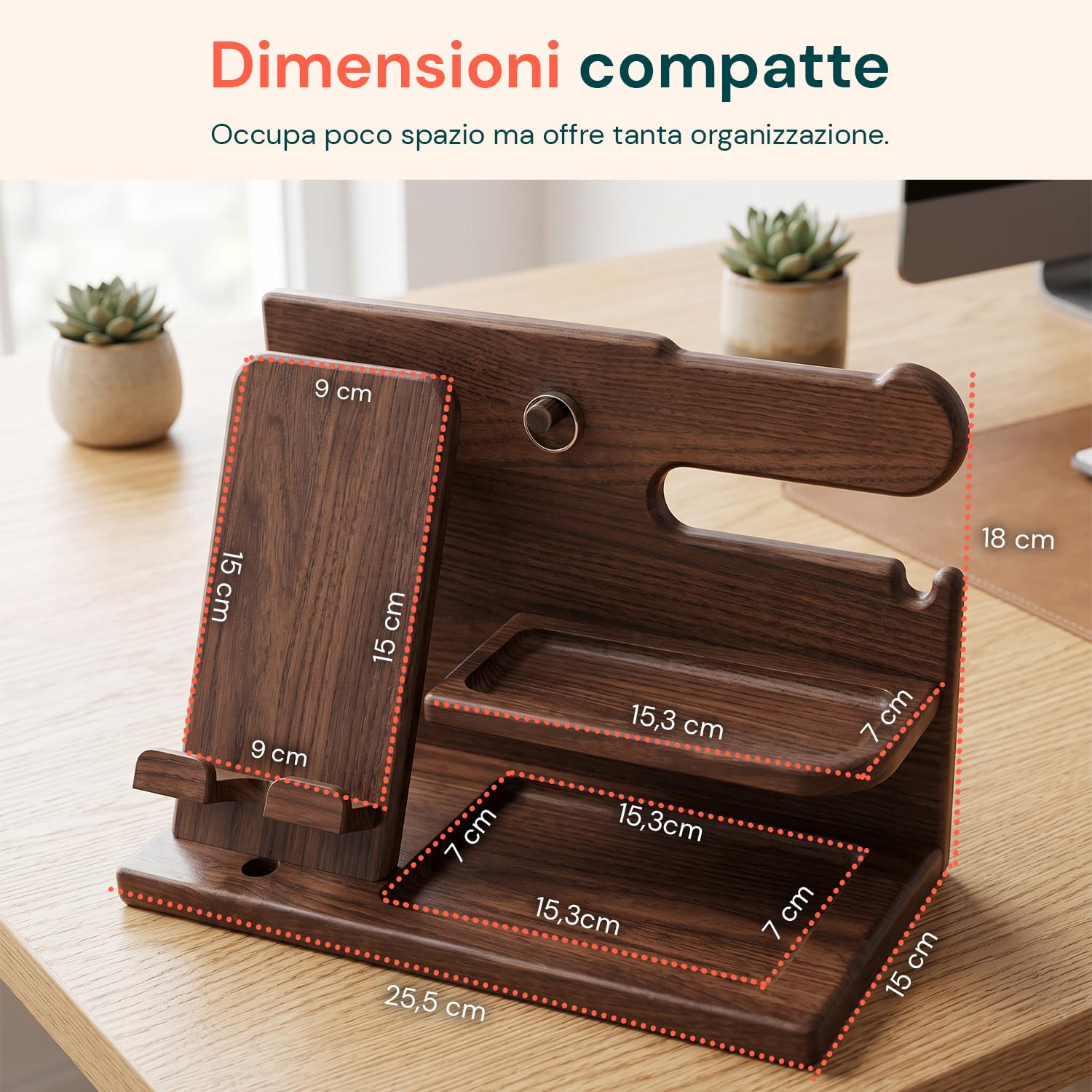 Avilia - Organizer in Legno con Supporto Smartphone e Porta Orologi – Stazione di Ricarica e Svuotatasche da Scrivania o Comodino – 25,5x15x18,5 cm – Design Naturale Elegante e Multiuso