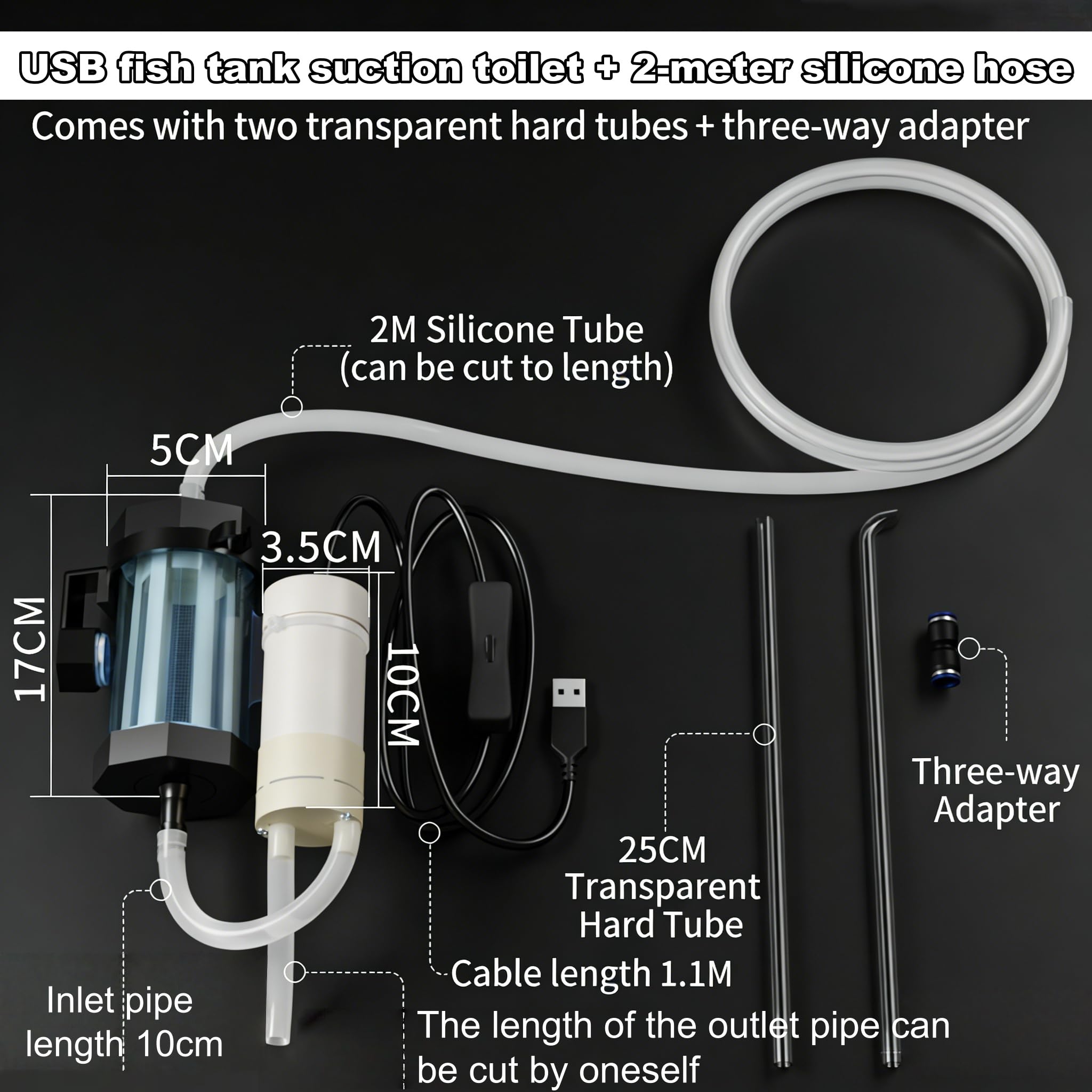Guangyu Kit Eléctrico de Limpieza para Acuario – Sifón Aspirador USB con Diseño de Sifón, Herramienta para Cambio Rápido de Agua y Limpieza de Grava, Ideal para Agua Dulce y Marina (2 Metros)