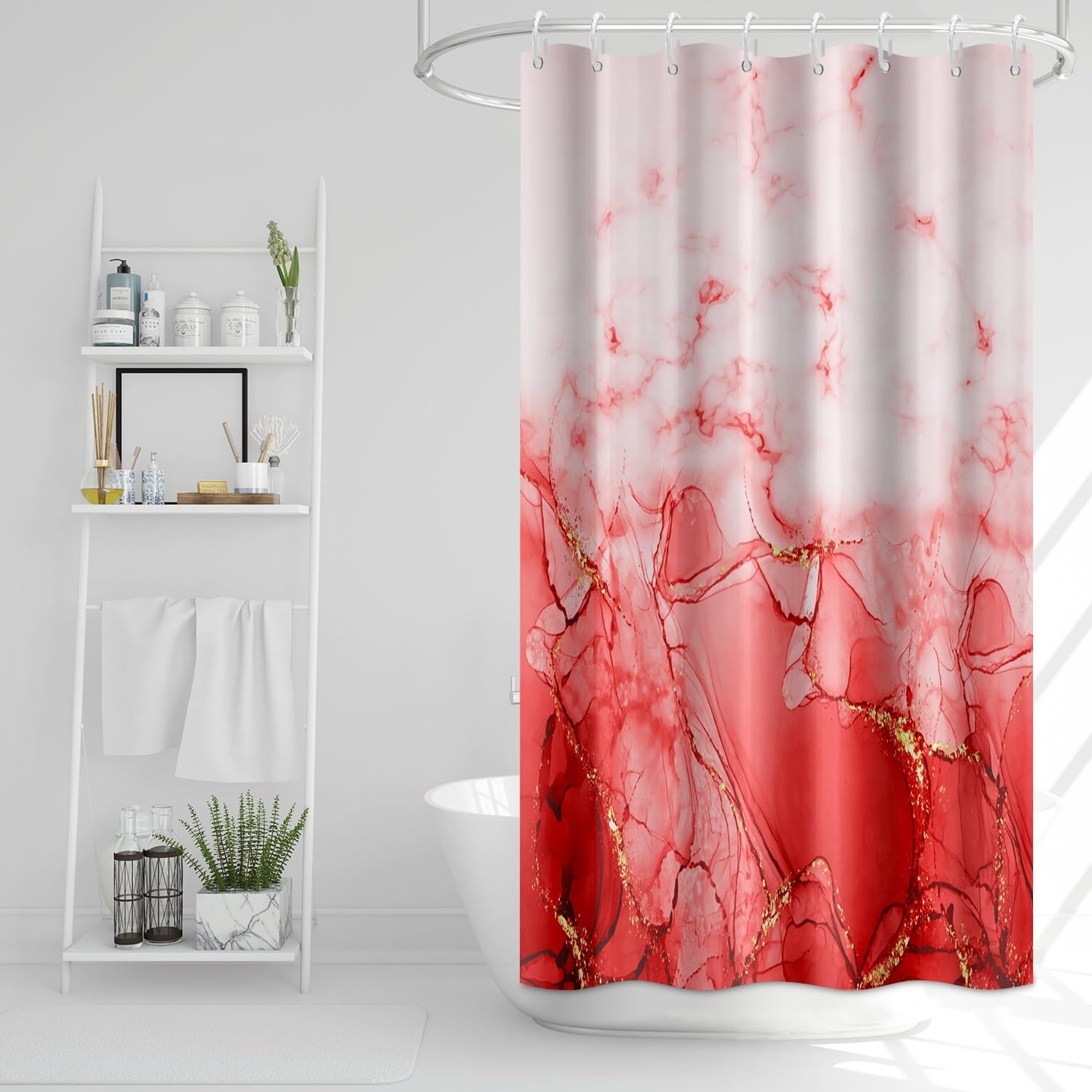 Uiiooazy Red Shower Curtain, Abstract Marble Shower Curtain for Stall RV Bathroom Waterproof Fabric Shower Curtain Set with Hooks 48x72 inches โ image 1