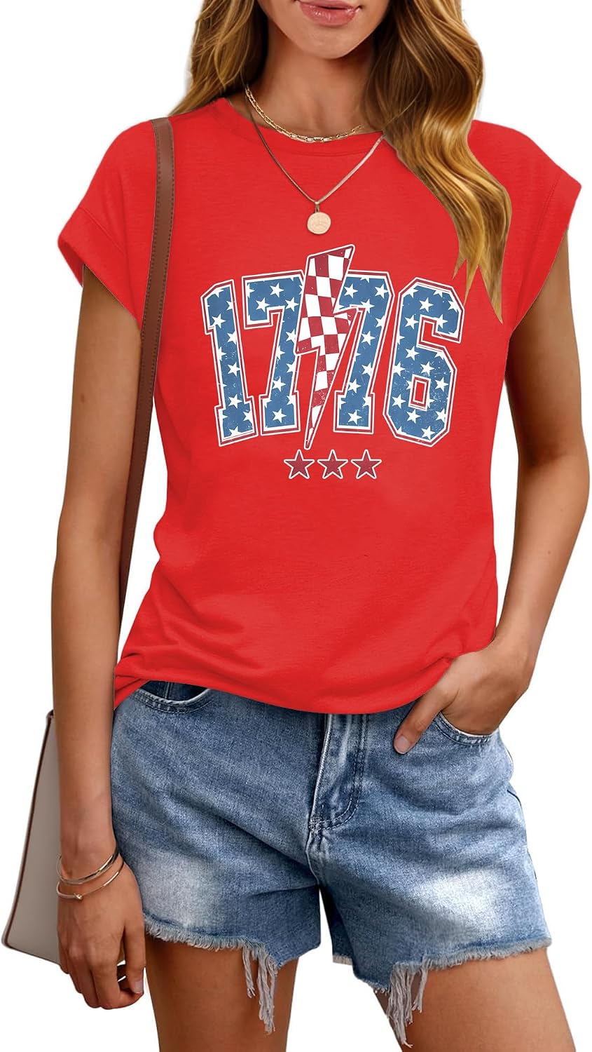 4th of July Shirts for Women American Flag 1776 Graphic Tees Casual Cap Sleeve USA Patriotic Tops