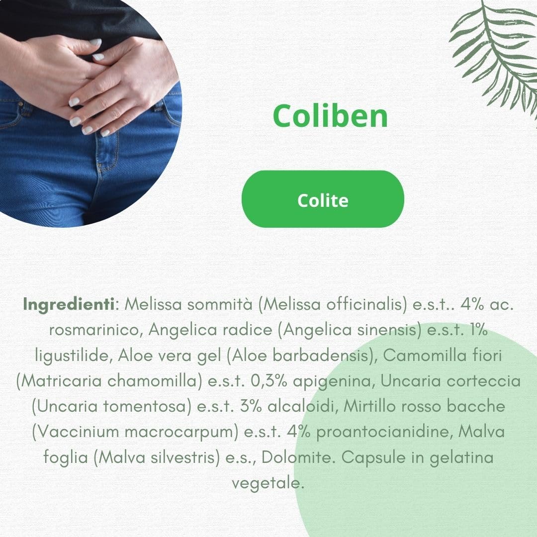 Fitoben | Coliben Integratore Naturale con Melissa, Angelica, Aloe e Camomilla con Azione Lenitiva del Sistema Digerente. 50 capsule vegetali