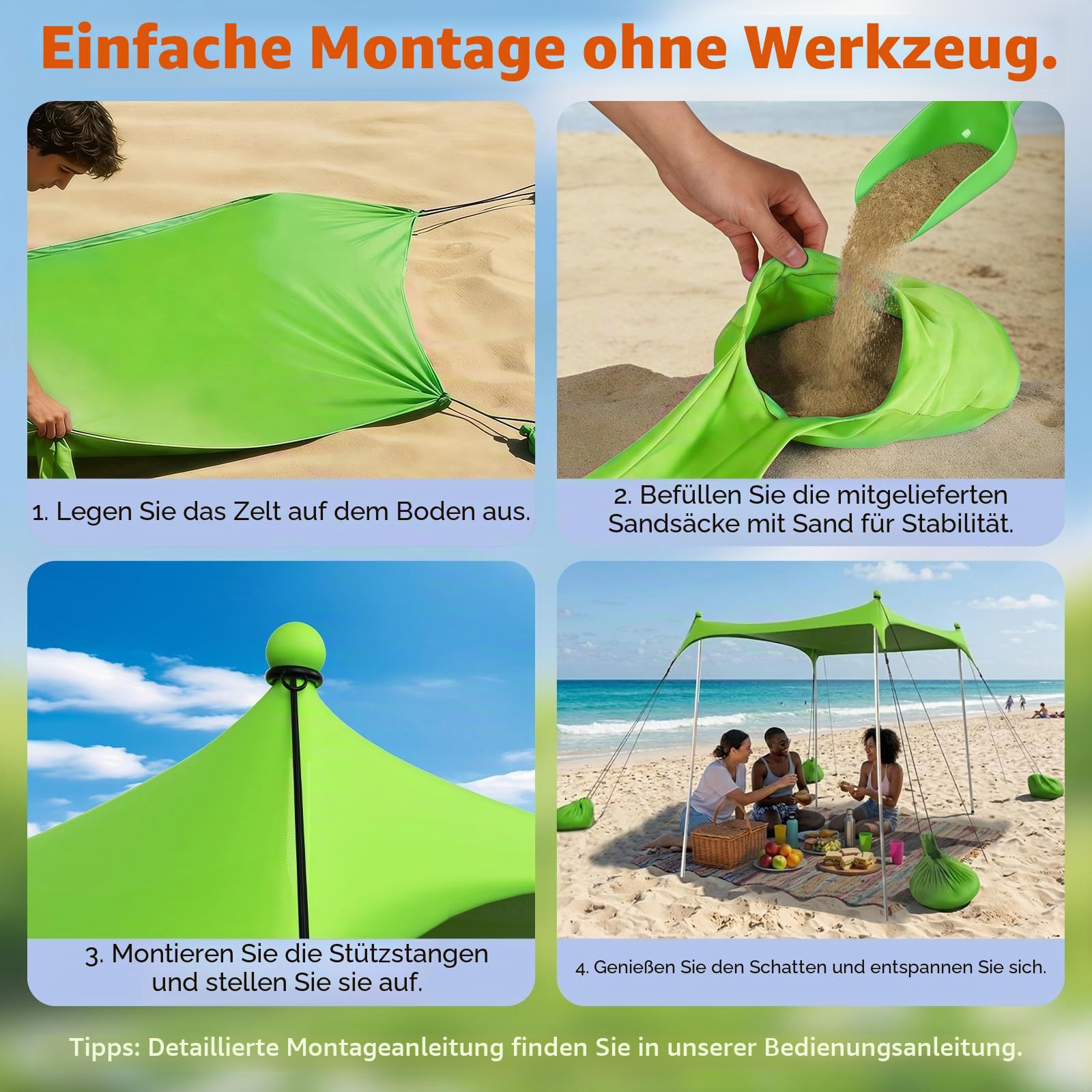 2,1 x 2,1 m Strandmuschel UPF 50+, Tragbares Strandzelt für 2-3 Personen, Sonnenschutz-Zelt Sonnensegel mit Gestänge, Heringen, Seilen & Tragetasche für Strand, Camping, Picknick, Grün