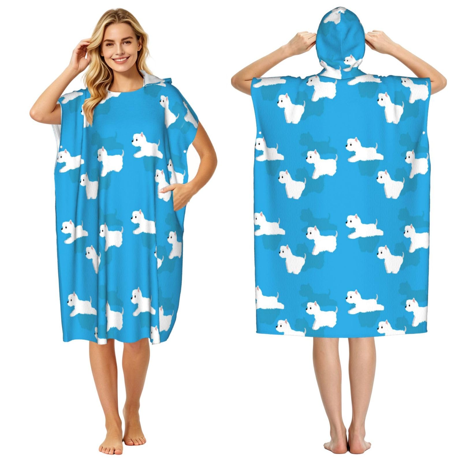 Poadnly Westie Dogs Running, Adult Hooded Beach Towel 90 x 110 cm,Changing Bath Robe, Surf Poncho Towel For Women Men