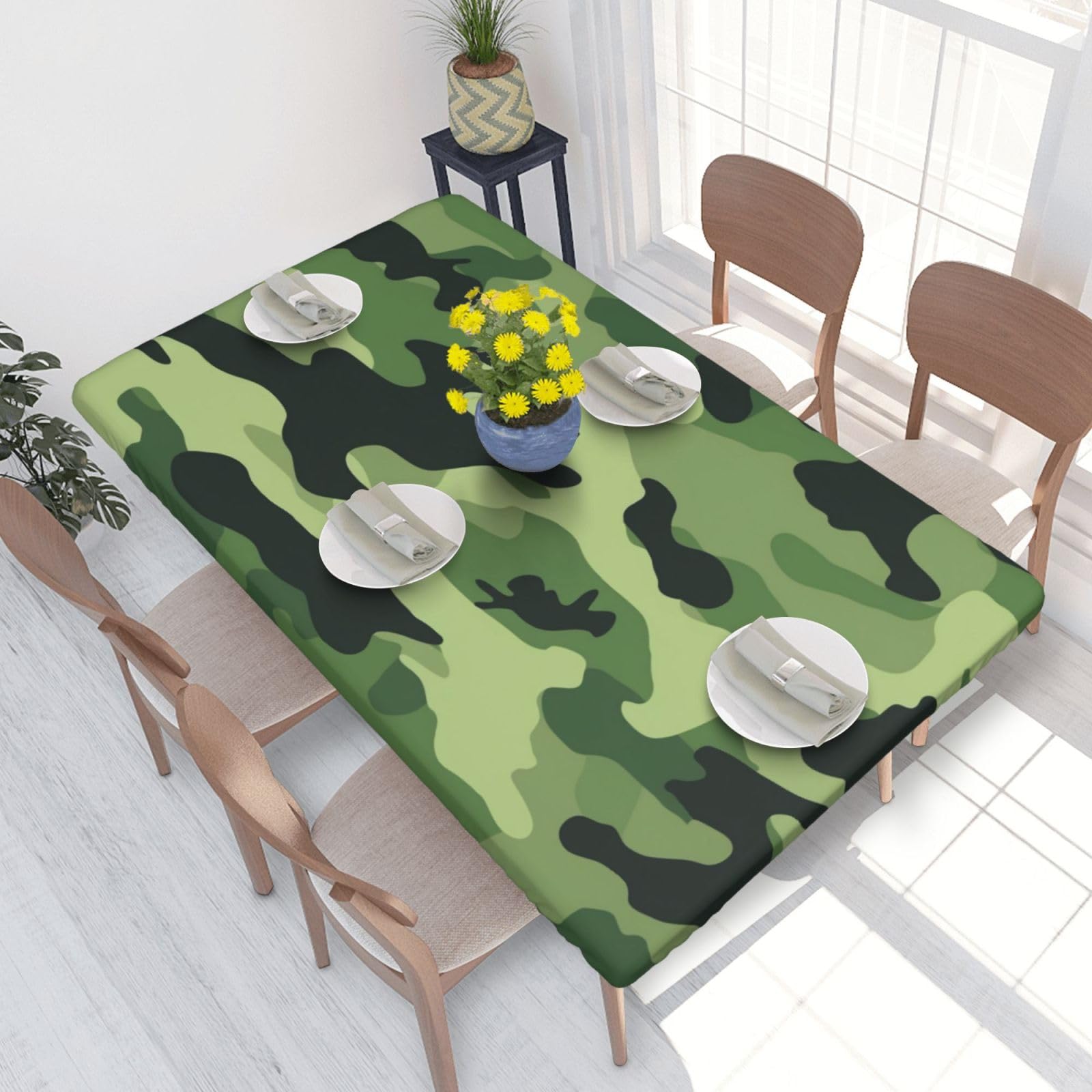 DCARSETCV Green Camouflage Printed 4FT Waterproof Tablecloth with Elastic Edged Protect & Decor Your Table, Oil-proof Washable Table Cloth Cover for Dinner Picnic Party