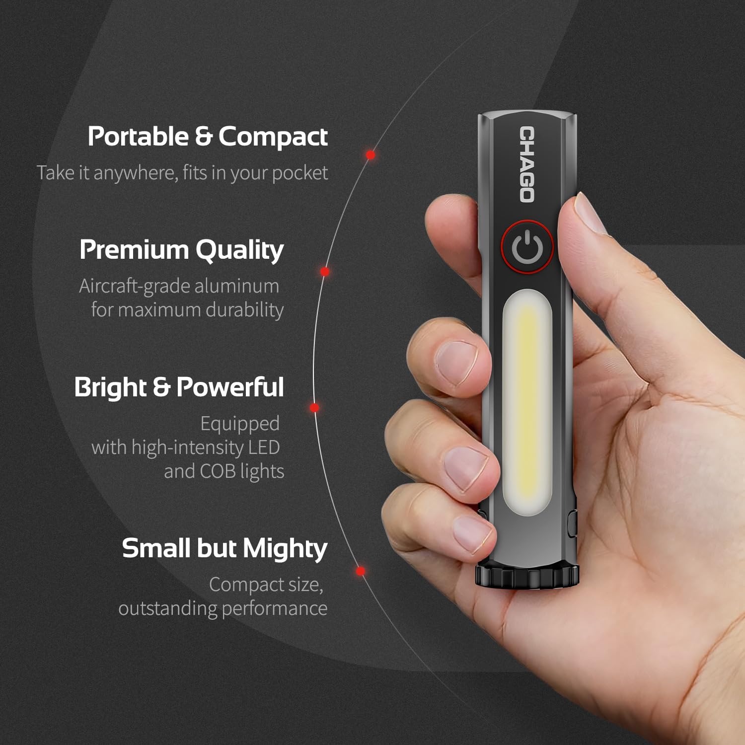 CTR CHAGO - Torcia tascabile a LED, ricaricabile, magnetica, con doppia sorgente luminosa e modalità a doppio fascio, USB-C, clip da cintura, torcia compatta EDC per meccanica, riparazione auto