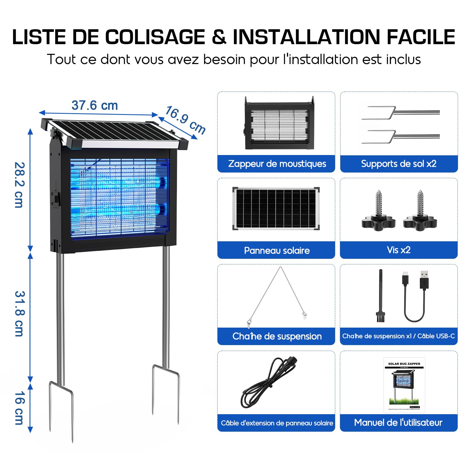 Lampe Anti Moustique Extérieur Solaire, Étanche IPX5 (Noir)