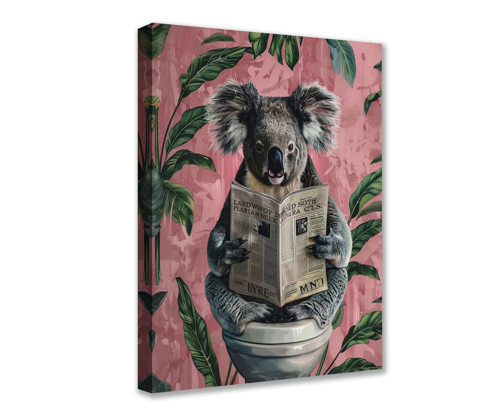 Tucocoo Koala on Toilet Canvas Wall Art Animal Read Newspaper Picture 1P Tropical Plant Posters Prints Cute Modern Artwork for Living Room Bedroom Home Decor Framed Gallery-Wrapped Ready to Hang