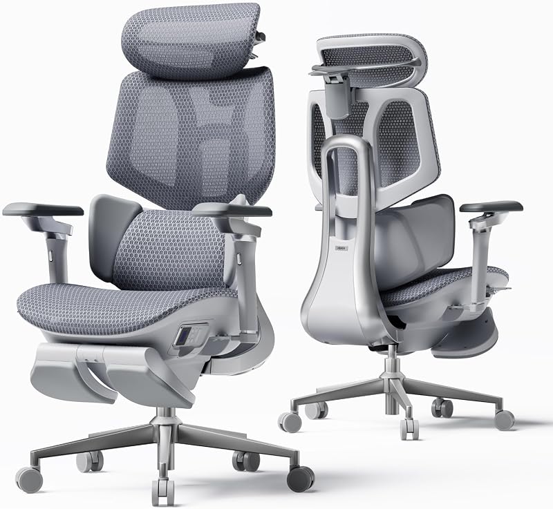 Hbada X7 Silla Ergonómica Inteligente, Silla de Oficina, con Seguimiento Lumbar Totalmente Automatizado, Reposacabezas Ajustable 4D, Reposabrazos Ajustables 720°, Cojín de Asiento Ventilado, Gris