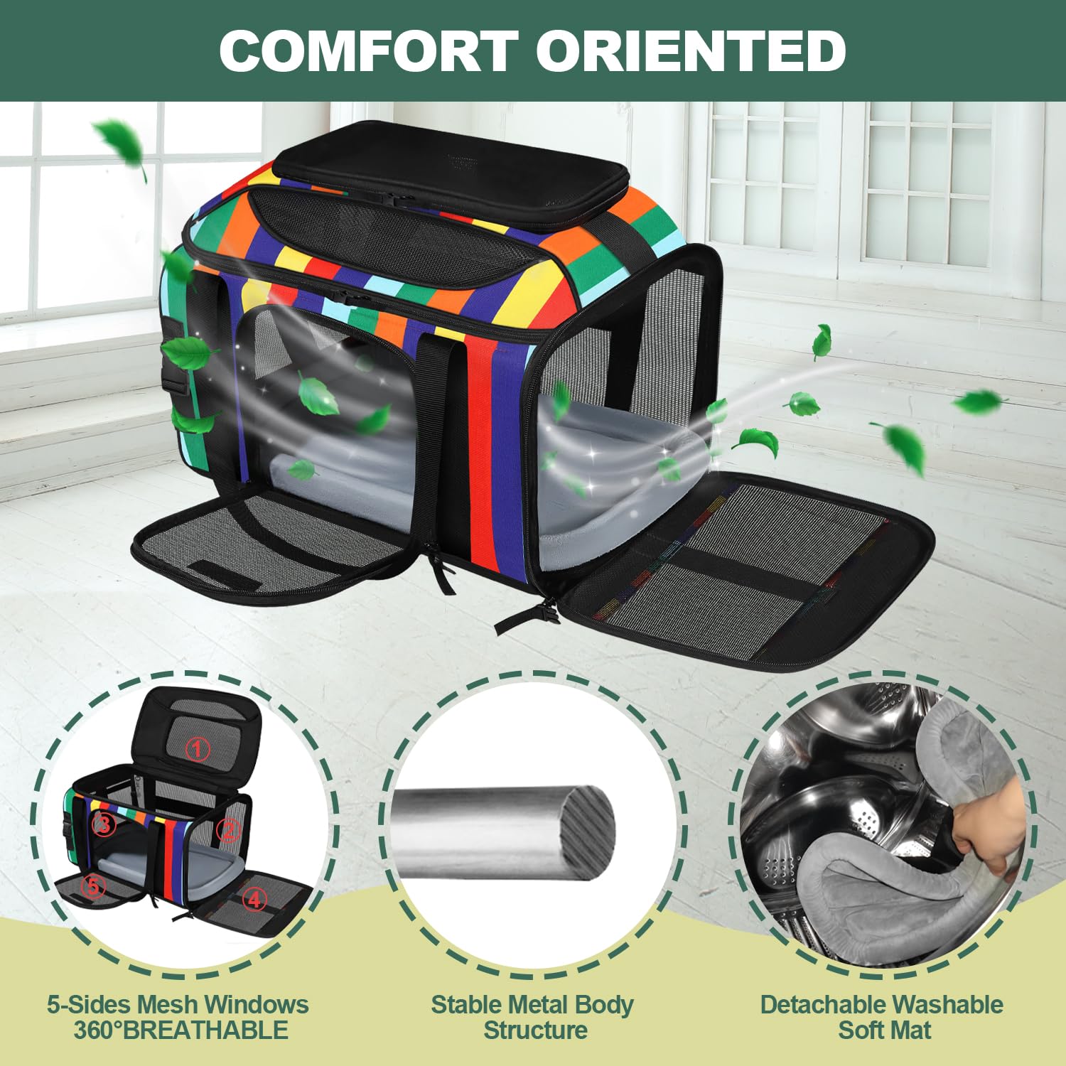 17x11x9.5 Inches Top-Expandable Pet Carrier Alaska Airline Approved, Soft Sided Carrier for Small Dog, Cat with 5-Sides Mesh Windows and Locking Safety Zippers(Rainbow) - image 5