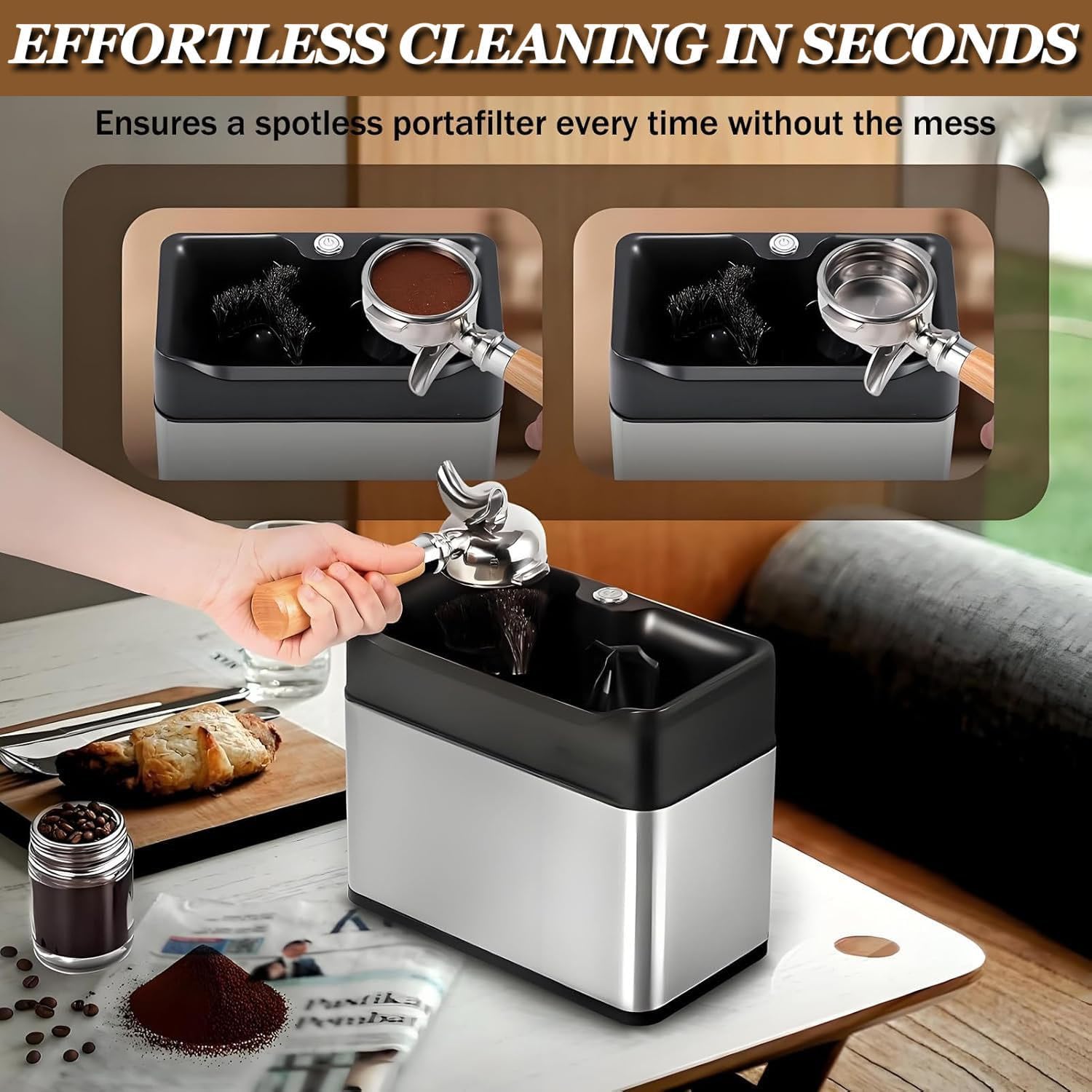 Limpiador de portafiltros para café molido con raspadores y cabezales de cepillo, velocidad 340 r/min, limpieza rápida para uso doméstico o comercial