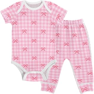 Baby Clothes Set Pink Checkered Bow Infant Bodysuits Pants Sets 0-24M For Boys Girls