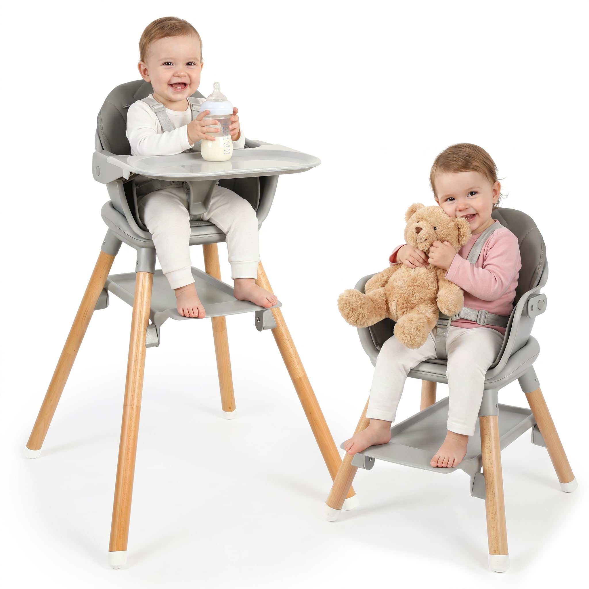 UBRAVOO Baby High Chair, 6-in-1 Foldable Baby Chair with Footrest, Removable Double Tray & PU Cushion, Adjustable Height & Recline, Locking Wheels for Babies and Toddlers