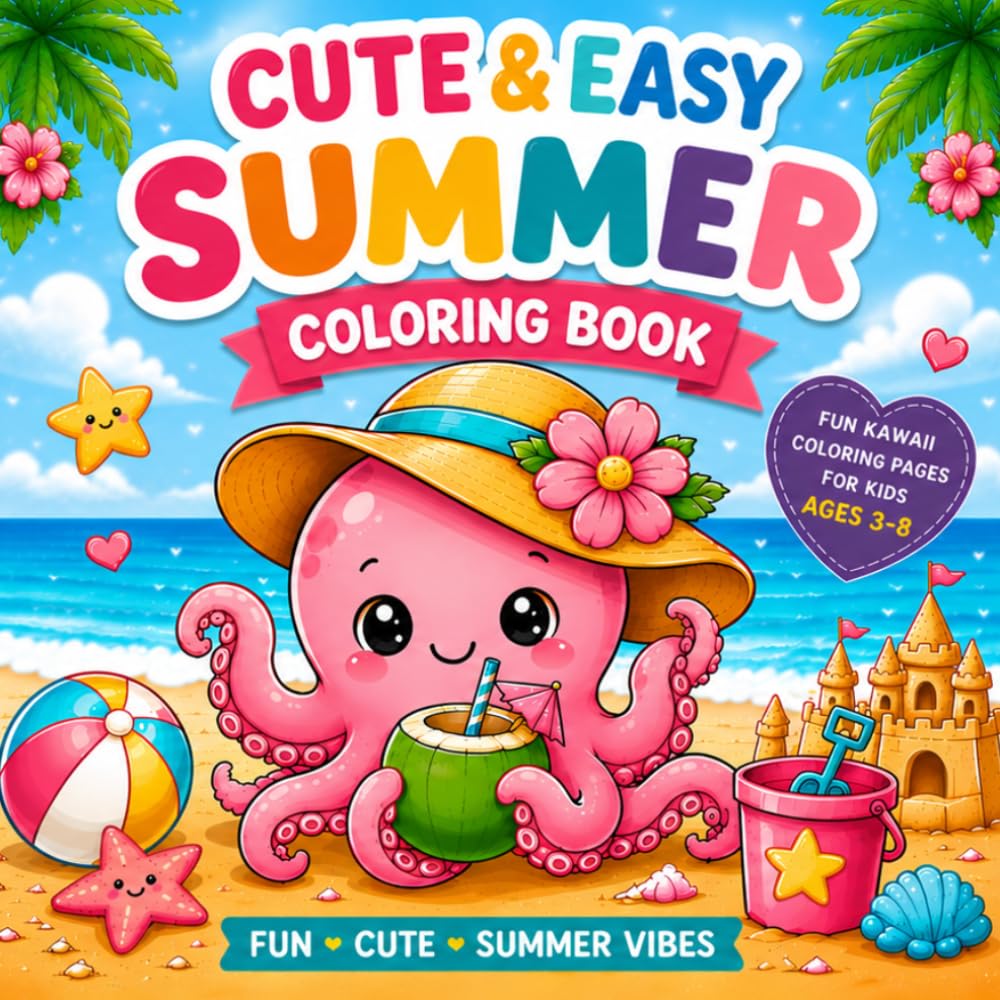 Cute & Easy Summer Coloring Book: Fun Kawaii Coloring Pages for Kids Ages 3–8