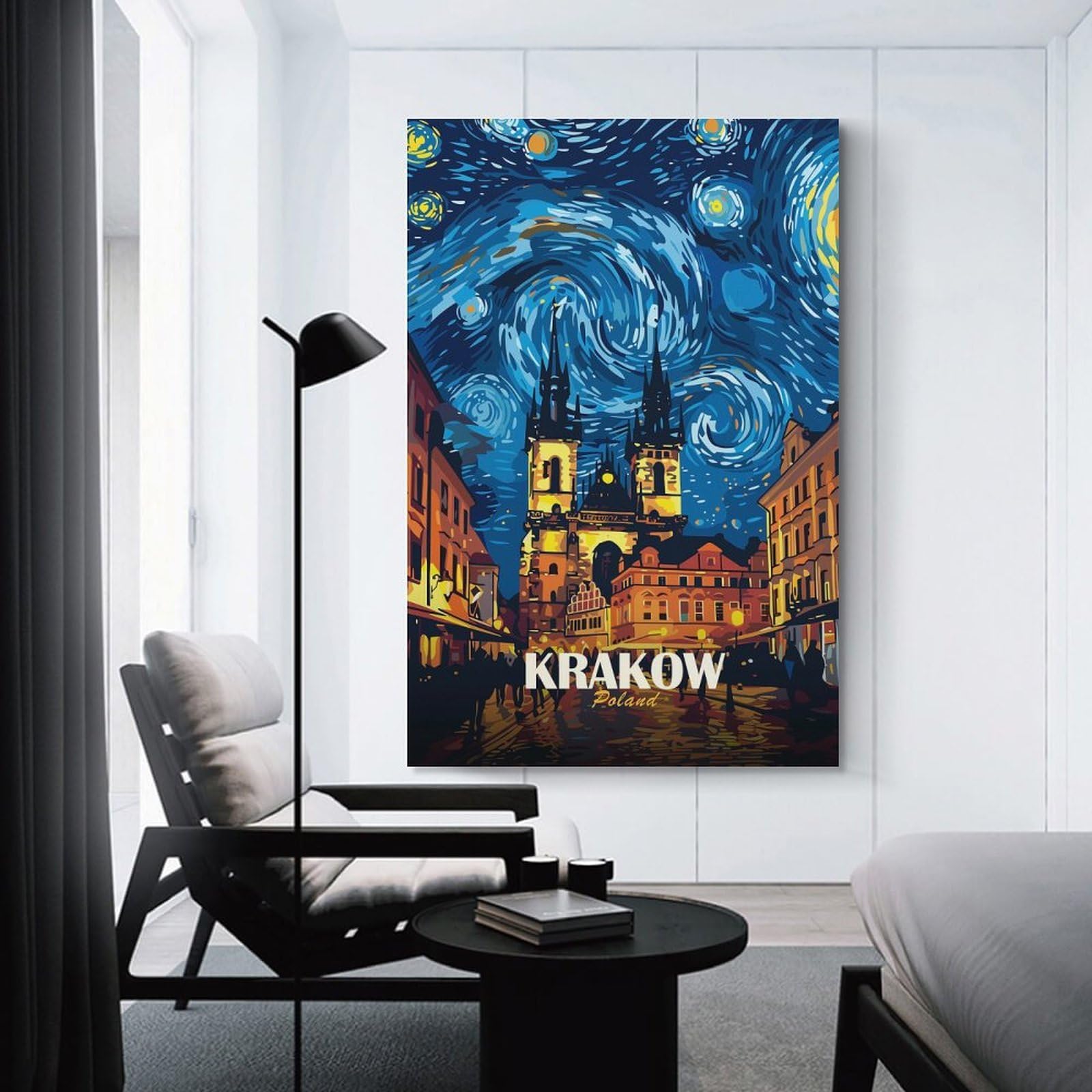 Junmoney Krakow Poland Night Cityscape Art Wall Art Print 20x30inch(50x75cm), for Lounge, Study, Hallway Or Flat Walls, Decorative Artwork with Broad Appeal