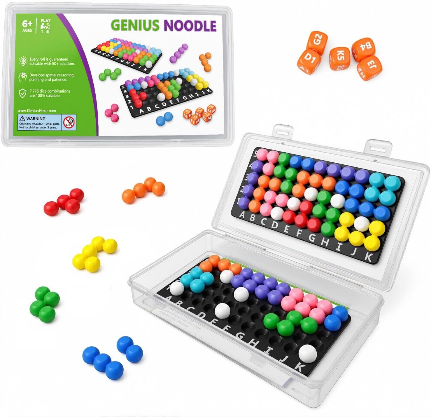 Genius Noodle — 2-Player Ball Puzzle Race | Roll 5 Dice, 7,776 Unique Challenges, 100% Solvable | 2 Boards, 2 Sets of 14 Colorful Noodle Pieces | STEM Brain Teaser for Kids Ages 6+, Family Game Night