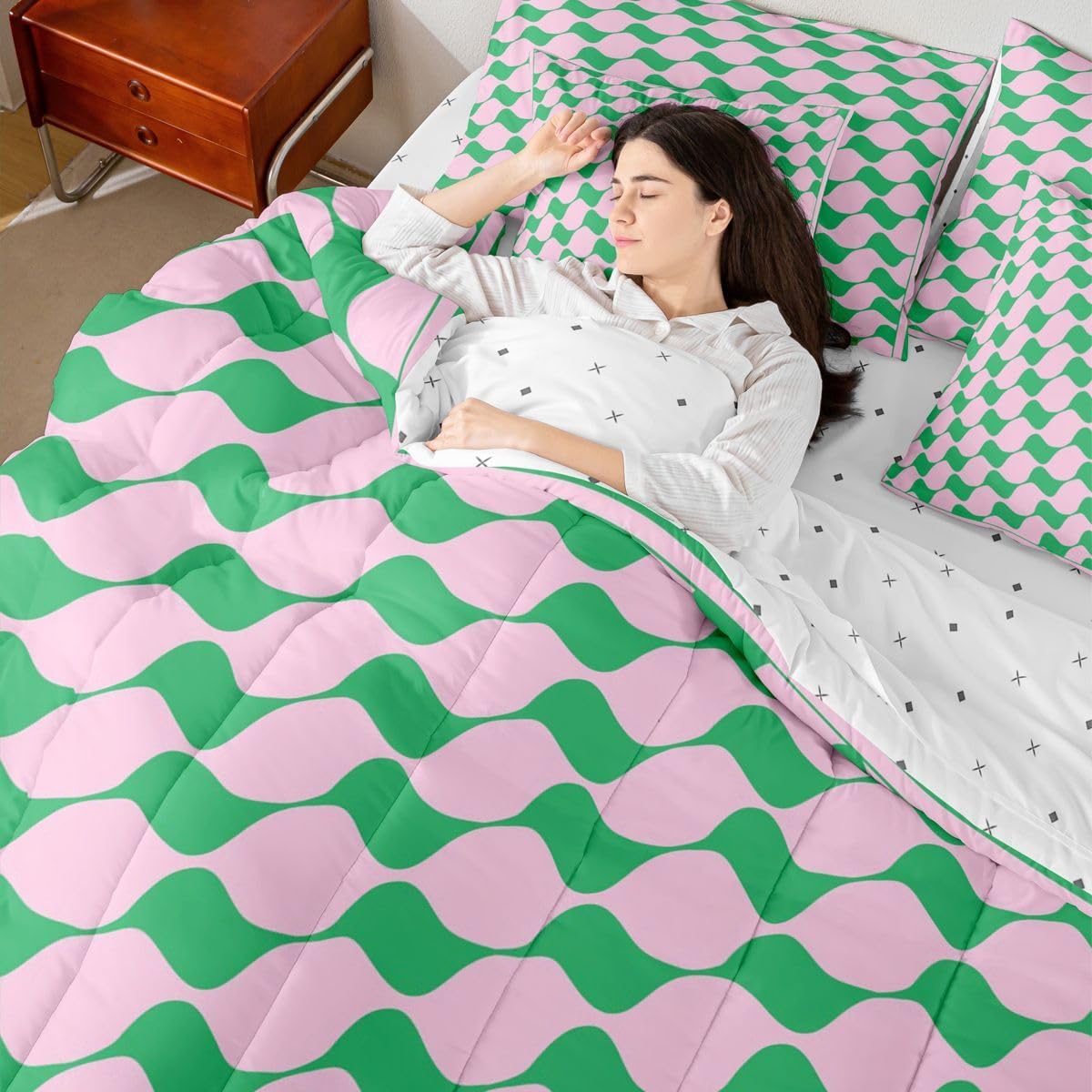Erosebridal Pink Green Triangle Plaid Girls Comforter Set 7 Pc Queen Size Geometric Grid Jacquard Bedding Set Checkered Farmhouse Bed in A Bag for Kids Boys Teens Women Aesthetic Gingham Sheet Sets