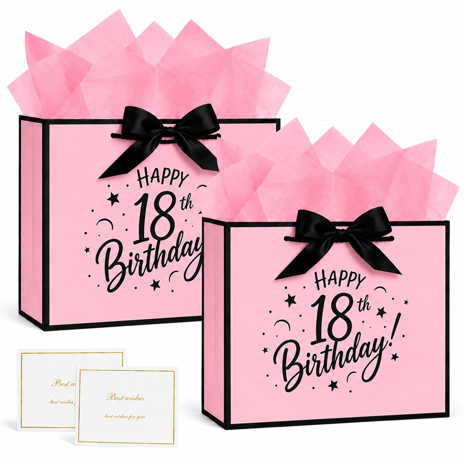 Sytinnice 2 Pcs 11.0×8.0×4.0" Medium Pink Paper Gift Bags, 18th Birthday Gift Bags with Tissue Paper & Card, Luxury Paper Bags with Handles for Women, Wedding Bridesmaid Valentine Party