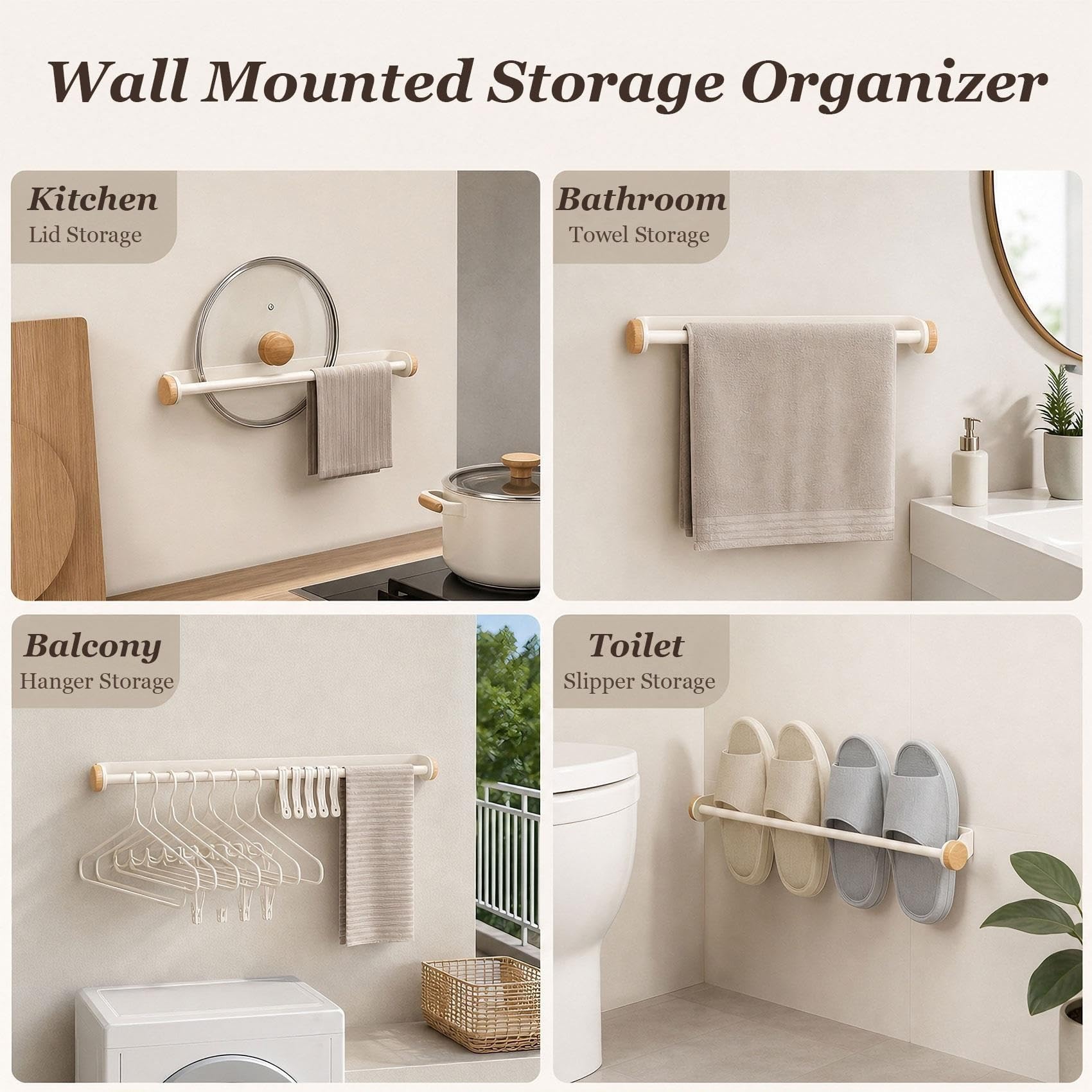 Portasciugamani Bagno Senza Foratura, Impermeabile & Antiruggine Adesivo | Barra Porta Asciugamani in Acciaio Inox e Legno, Organizzatore Salvaspazio a Parete per Cucina, 30/50/70cm(70cm/27.6in)